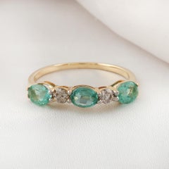 1.87 Ct Three Zambian Emerald & 0.22Ct Diamond 14k Yellow Gold Wedding Band Ring