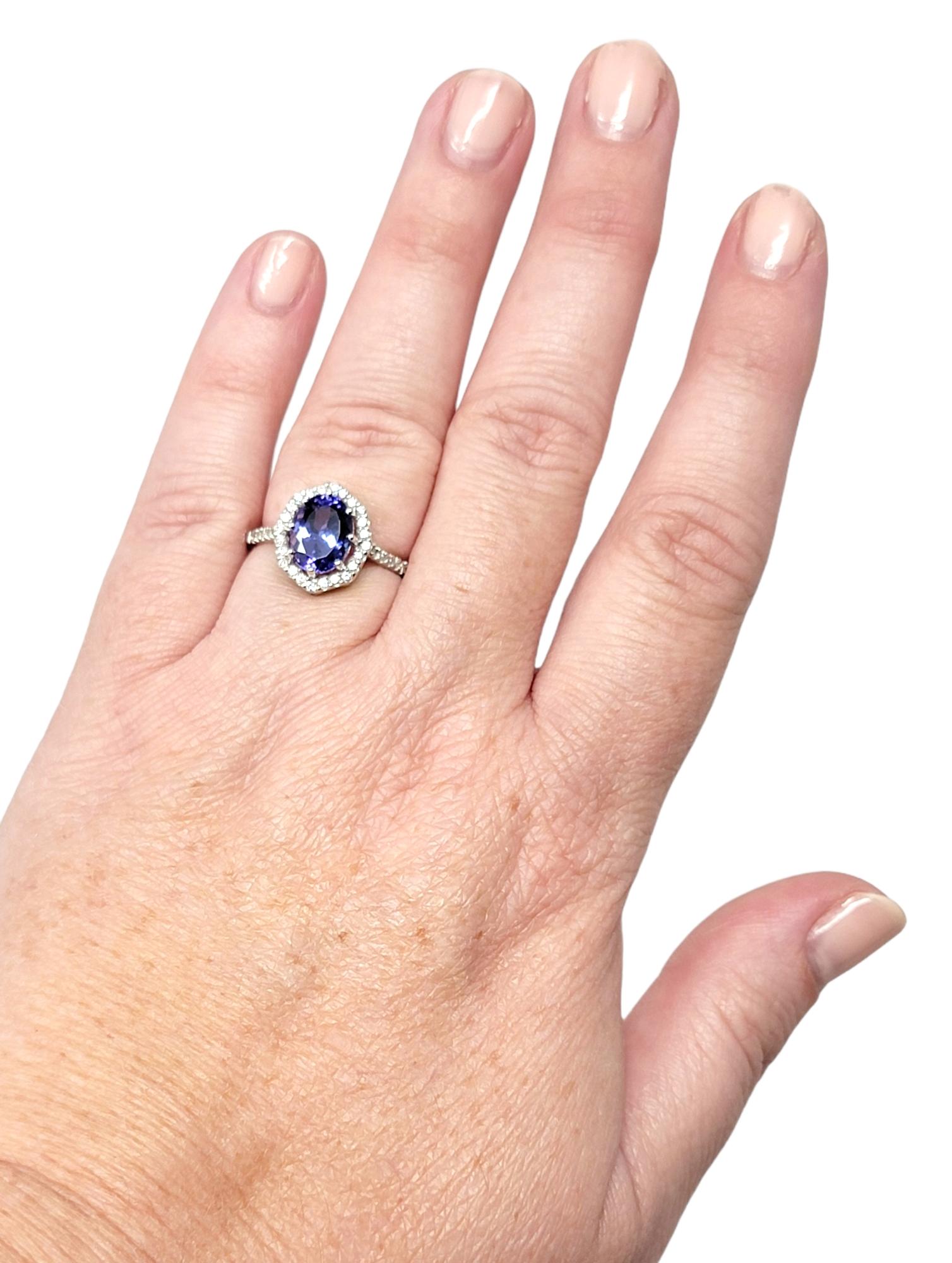 1.87 Carats Total Oval Tanzanite and Diamond Halo Ring in 18 Karat White Gold For Sale 7