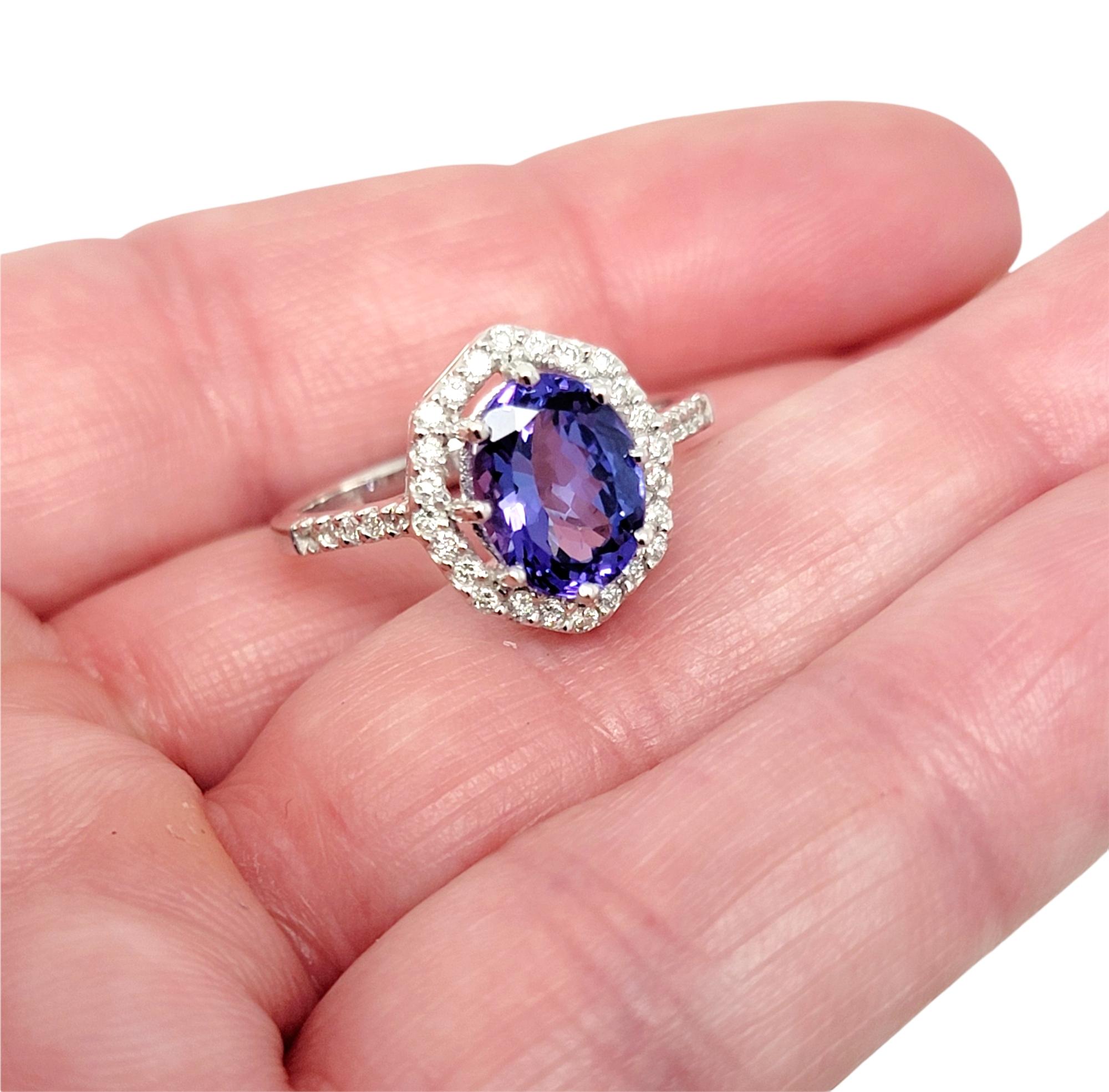 1.87 Carats Total Oval Tanzanite and Diamond Halo Ring in 18 Karat White Gold For Sale 3