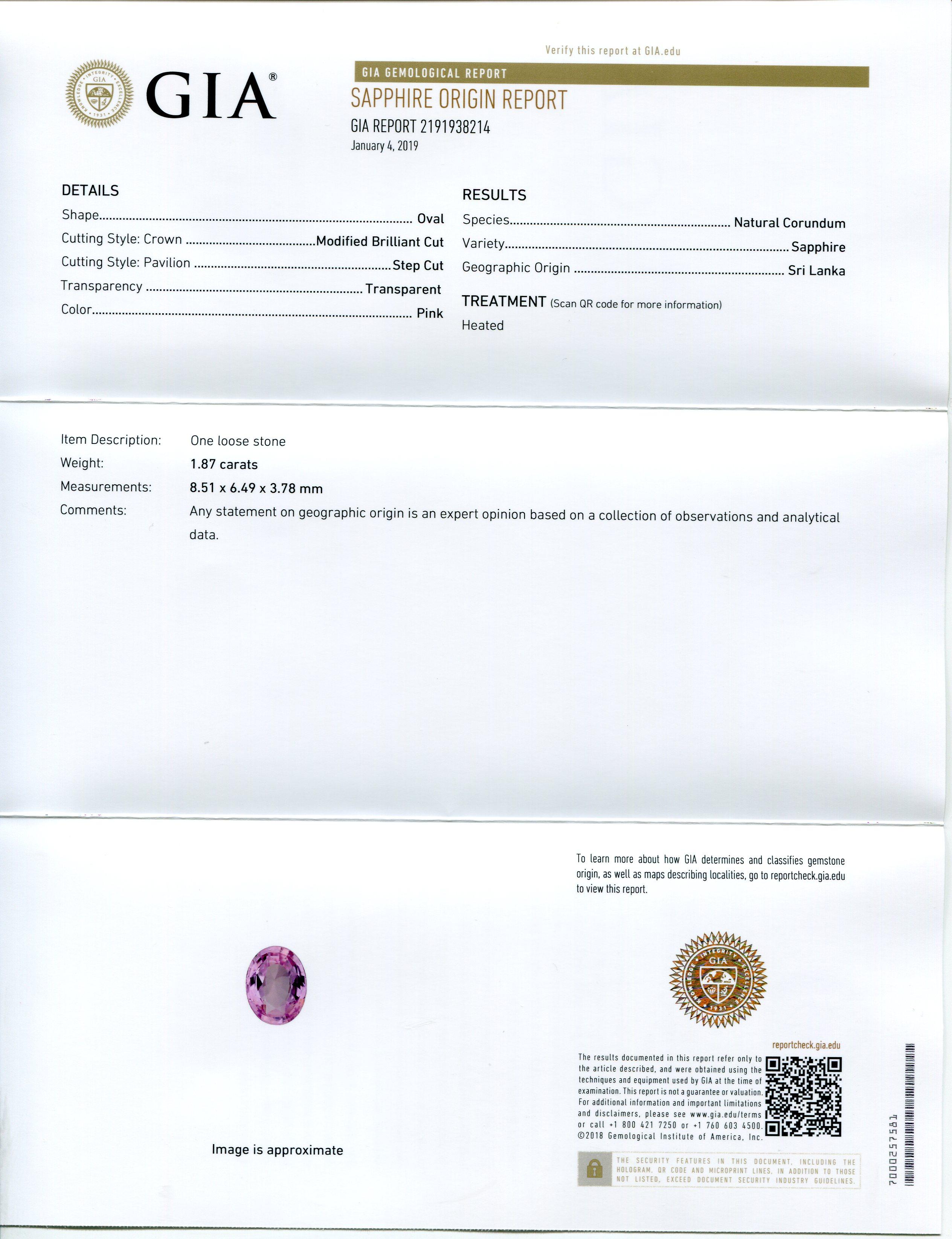 Women's or Men's 1.87 Carat Pastel Pink Sapphire Oval GIA Certified Sri Lanka For Sale