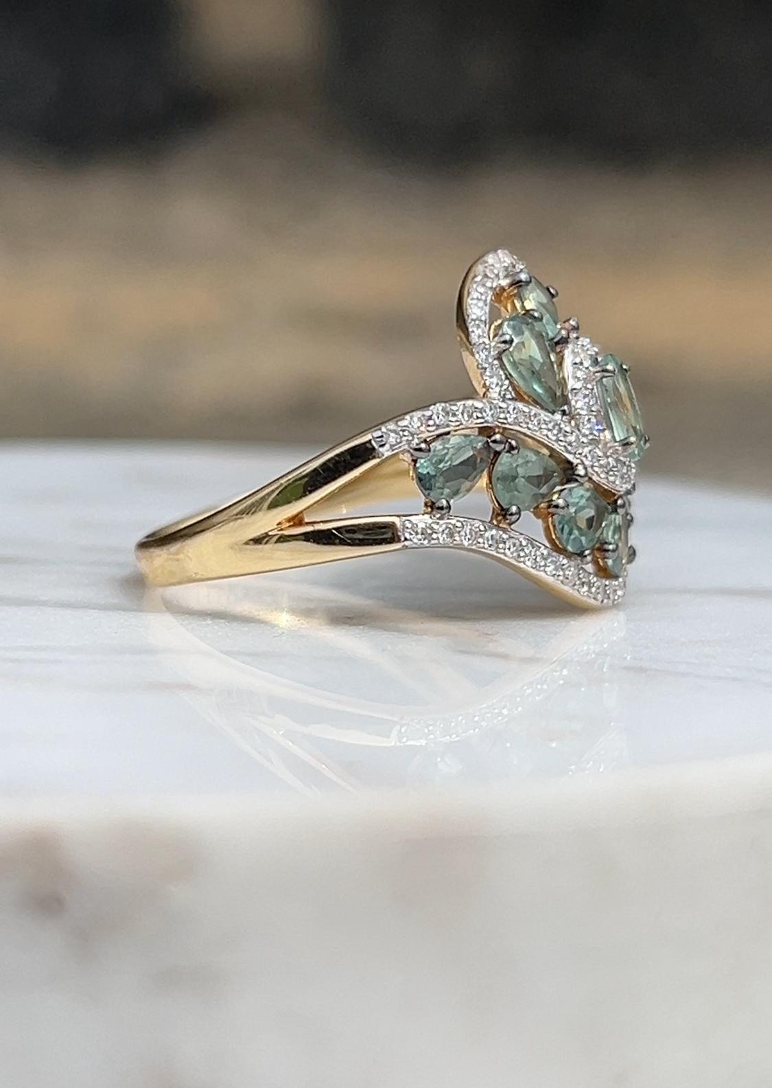 Oval Cut Vintage 1.87 TCW Chrysoberyl and Diamond Two-Tone Gold Cocktail Ring For Sale