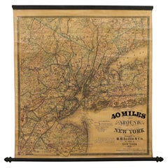 Antique 1870 "40 Miles Around New York" by H. H. Lloyd, Hanging Map on Original Rollers