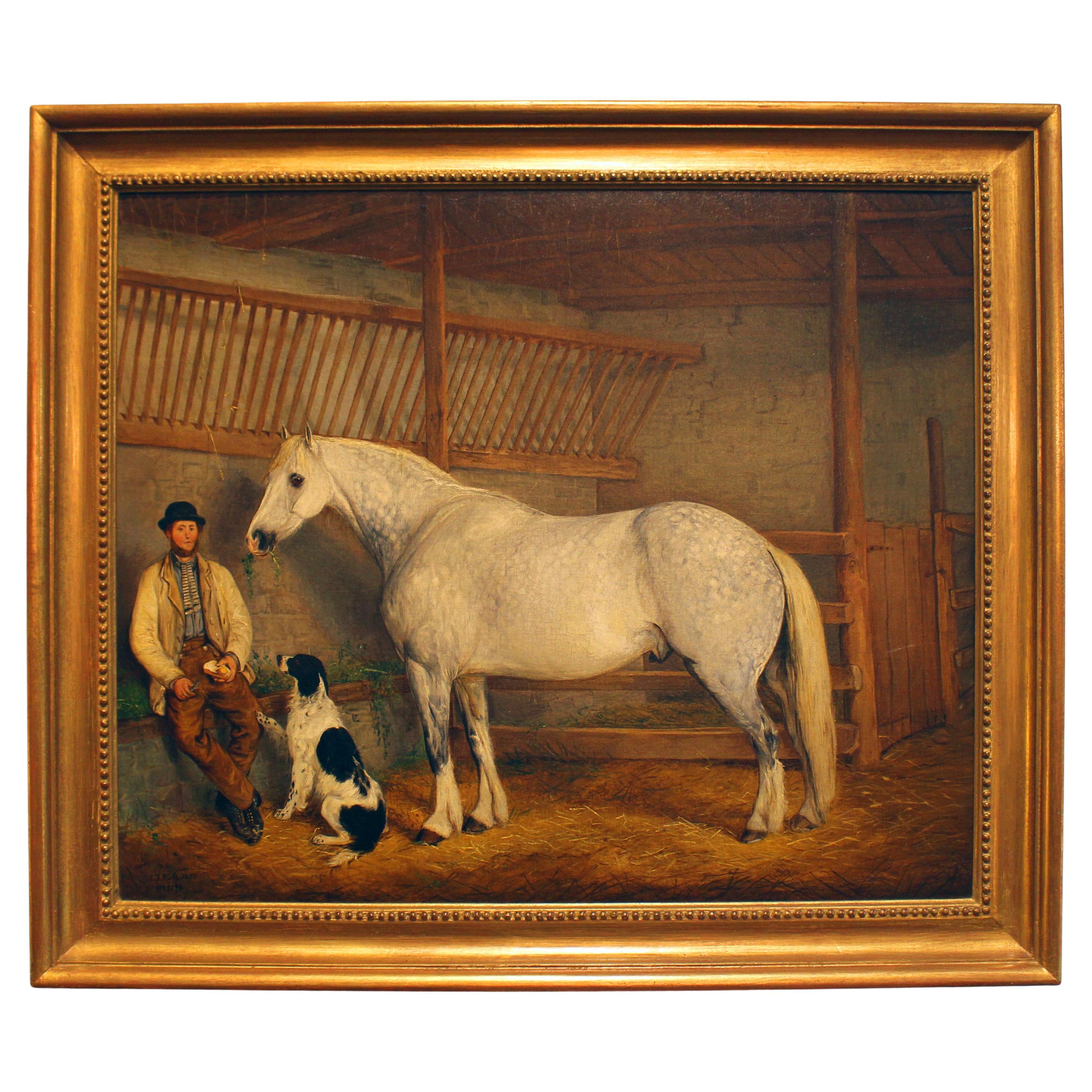 1870 "Interior de un establo" Pintura al óleo de Edwin Frederik Holt en venta
