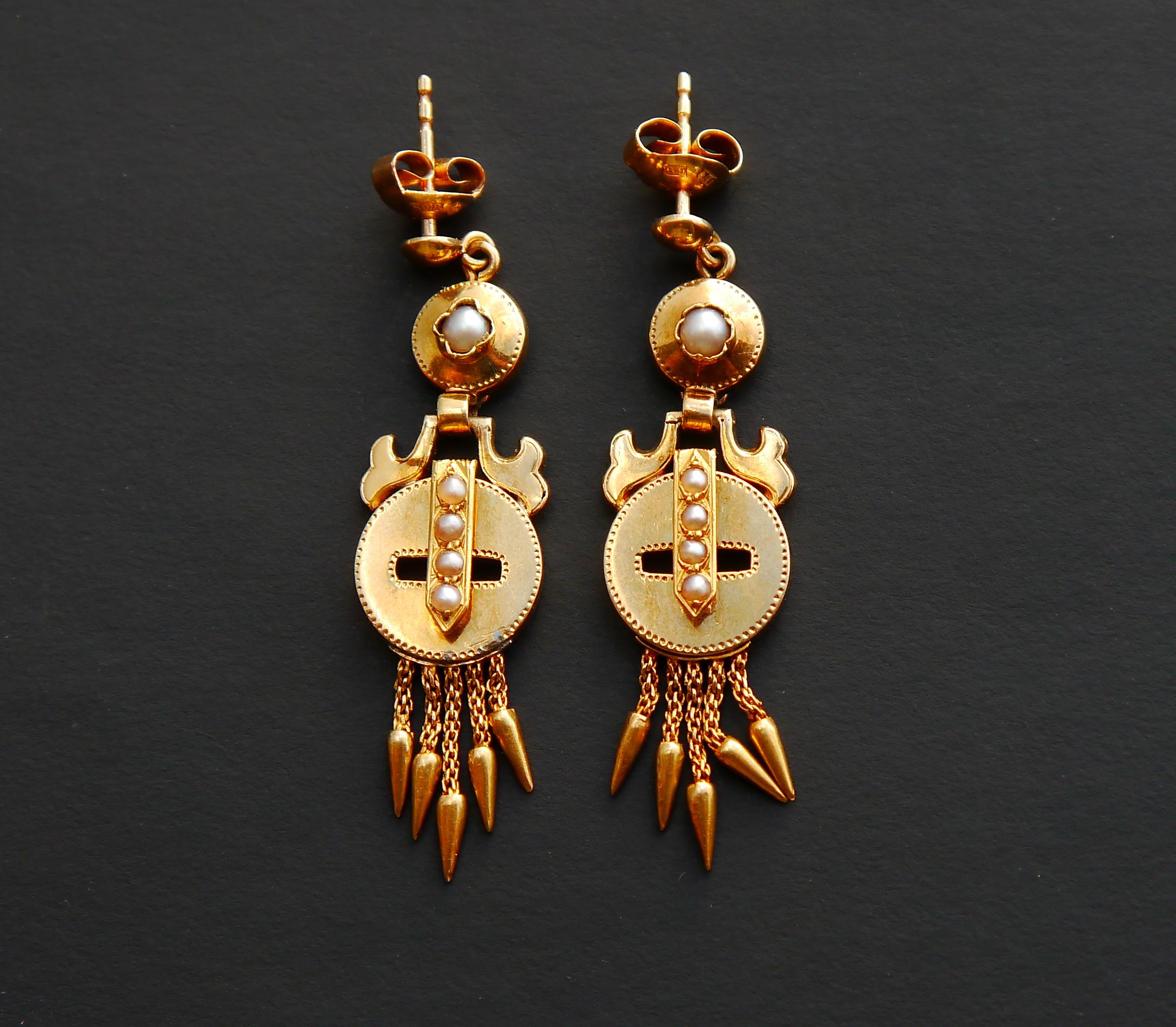 Arts and Crafts 1870 Antique European Earrings Seed Pearls solid 18K Gold / 7.4gr For Sale