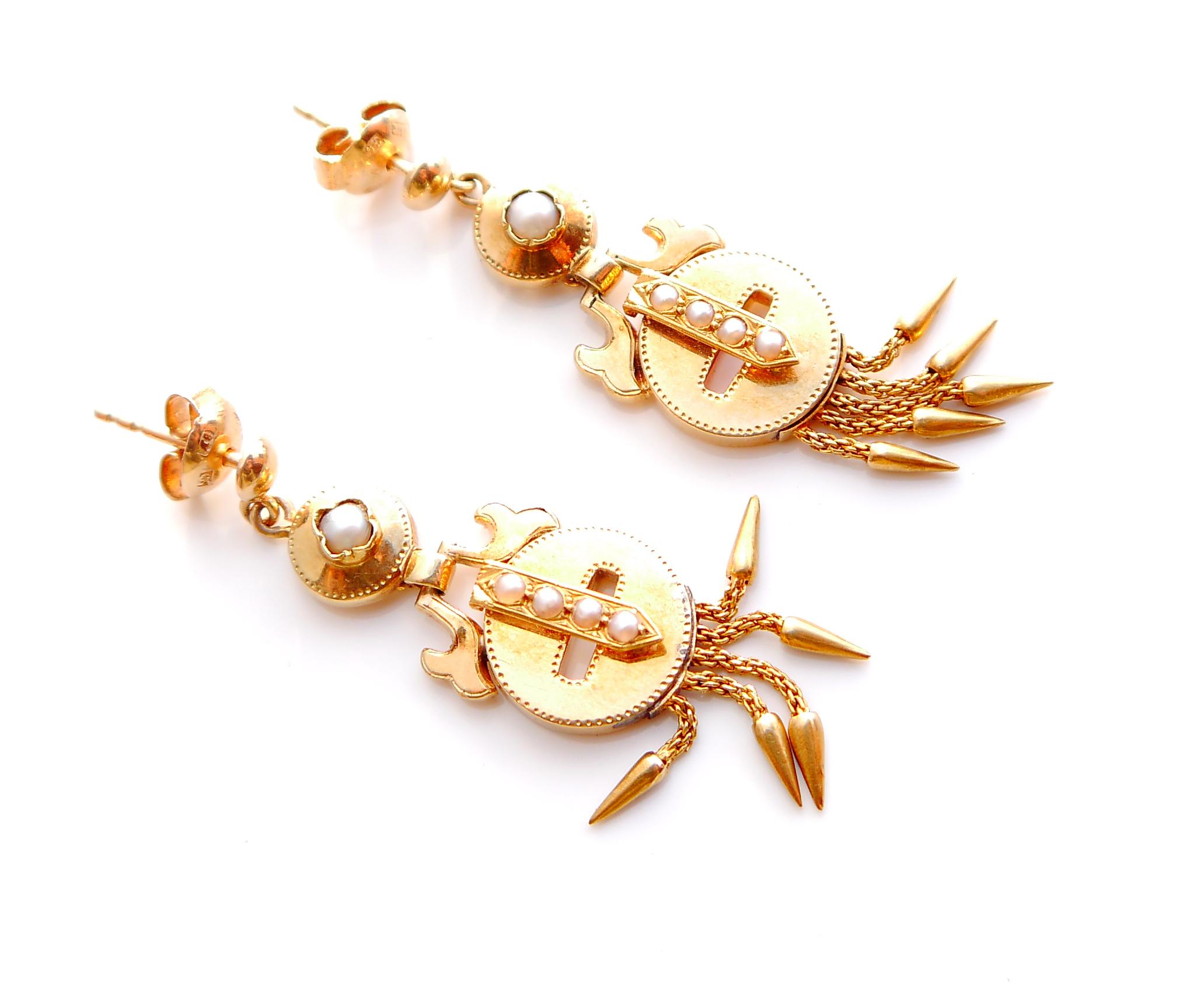Boucles d'oreilles européennes anciennes 1870 perles de rocaille et or massif 18 carats 7,4 g Pour femmes en vente