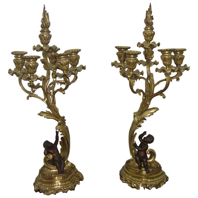 1870 Antique French Pair of Napoleon III Bronze and Ormolu Candelabra