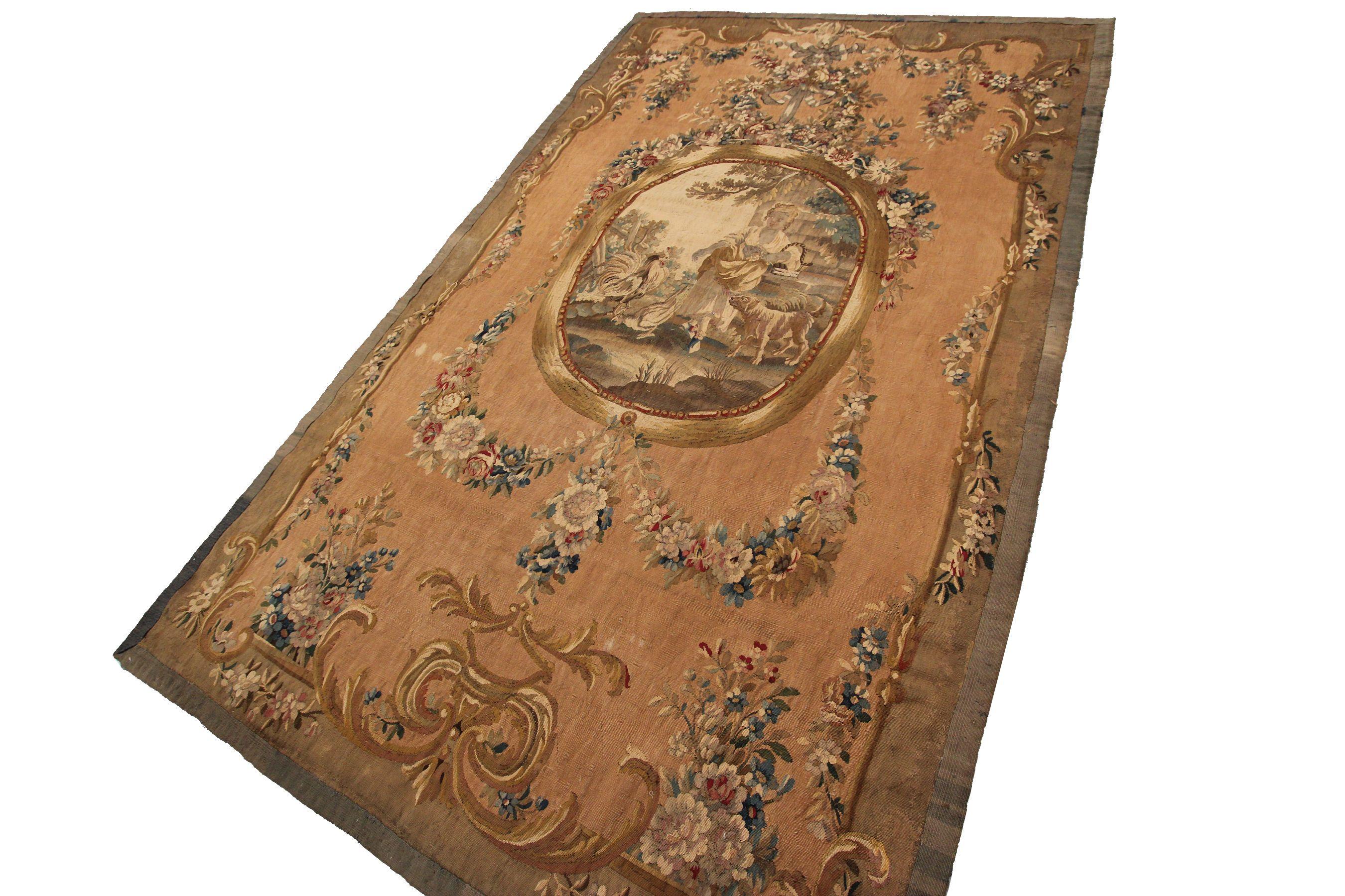 Hand-Knotted 1870 Antique French Tapestry Wool & Silk Tapestry Beige Handmade Tapestry For Sale