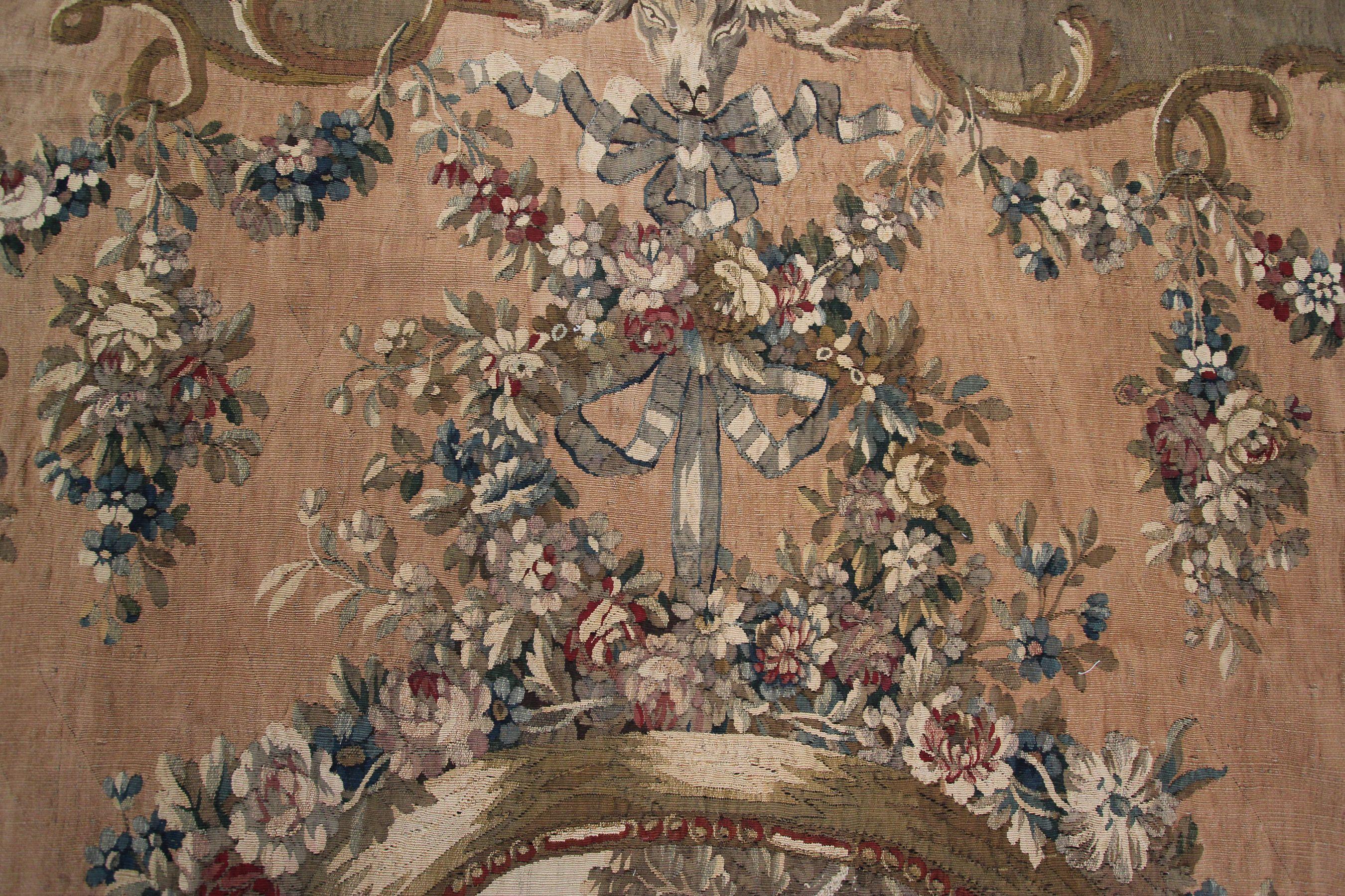 1870 Antique French Tapestry Wool & Silk Tapestry Beige Handmade Tapestry In Good Condition For Sale In New York, NY
