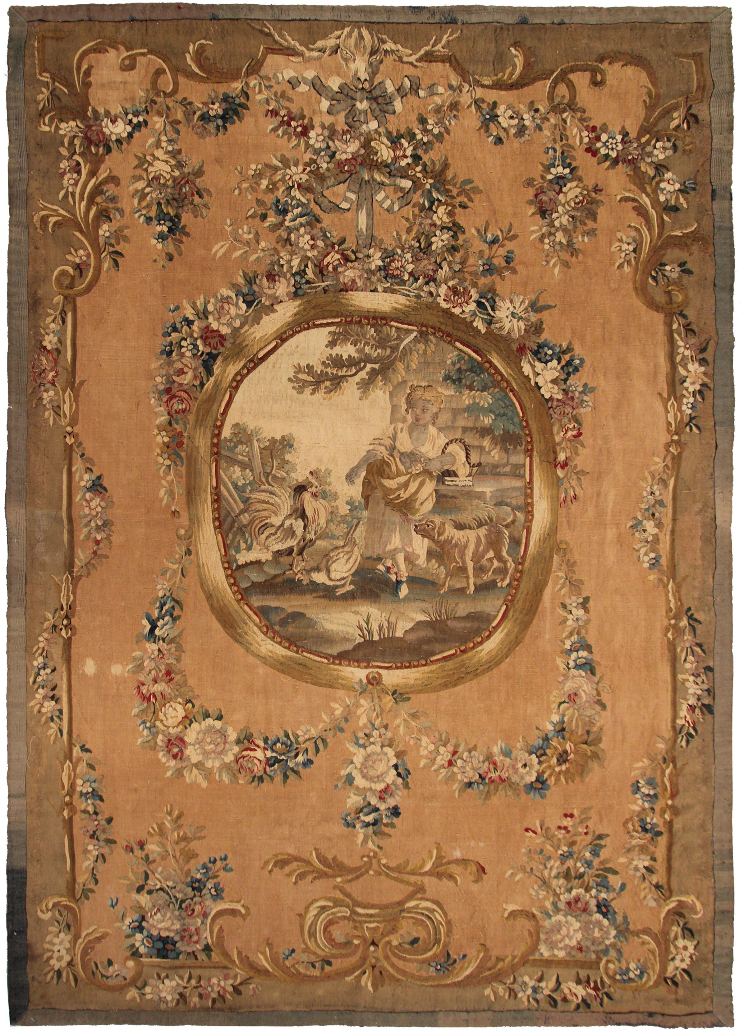 1870 Antique French Tapestry Wool & Silk Tapestry Beige Handmade Tapestry