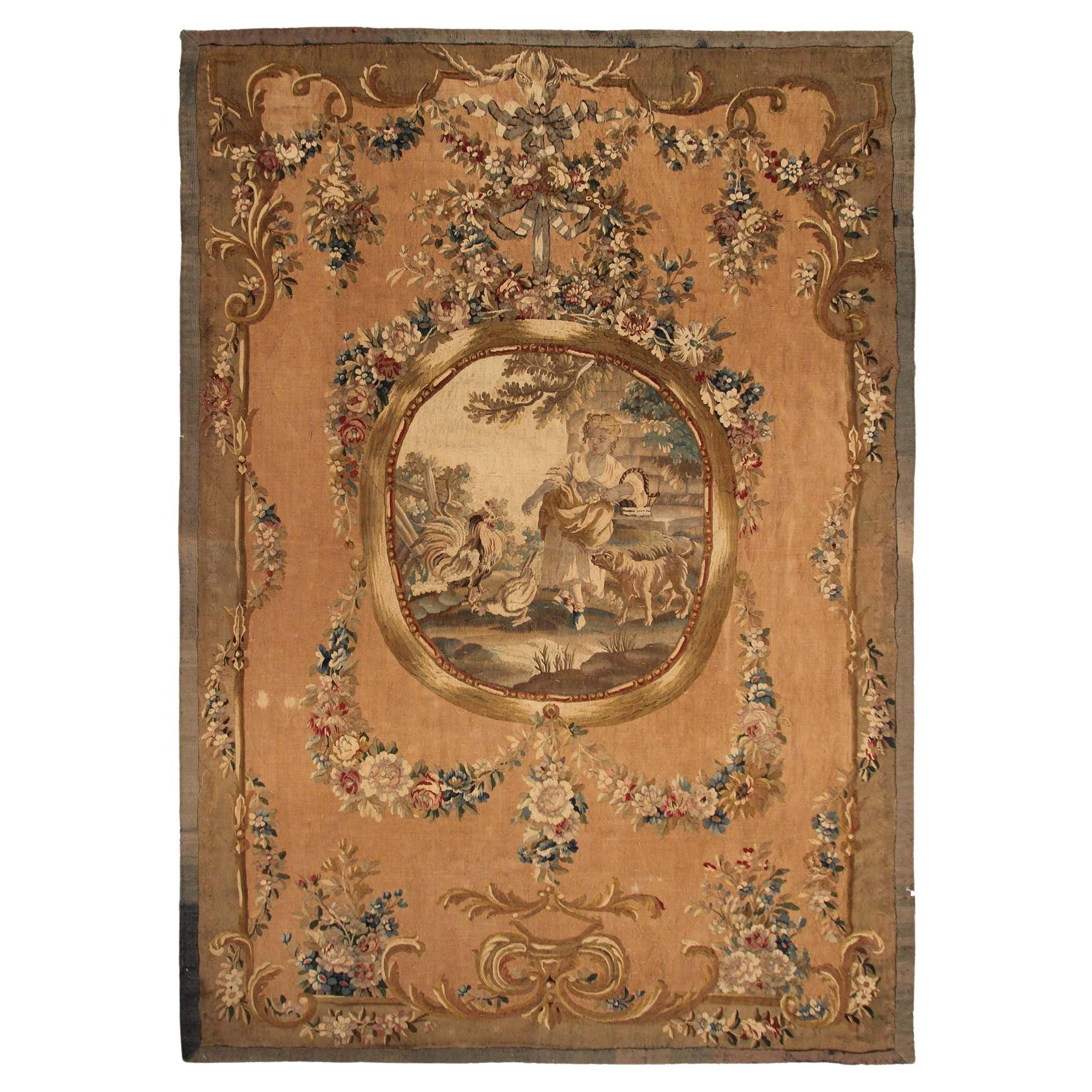 1870 Antique French Tapestry Wool & Silk Tapestry Beige Handmade Tapestry
