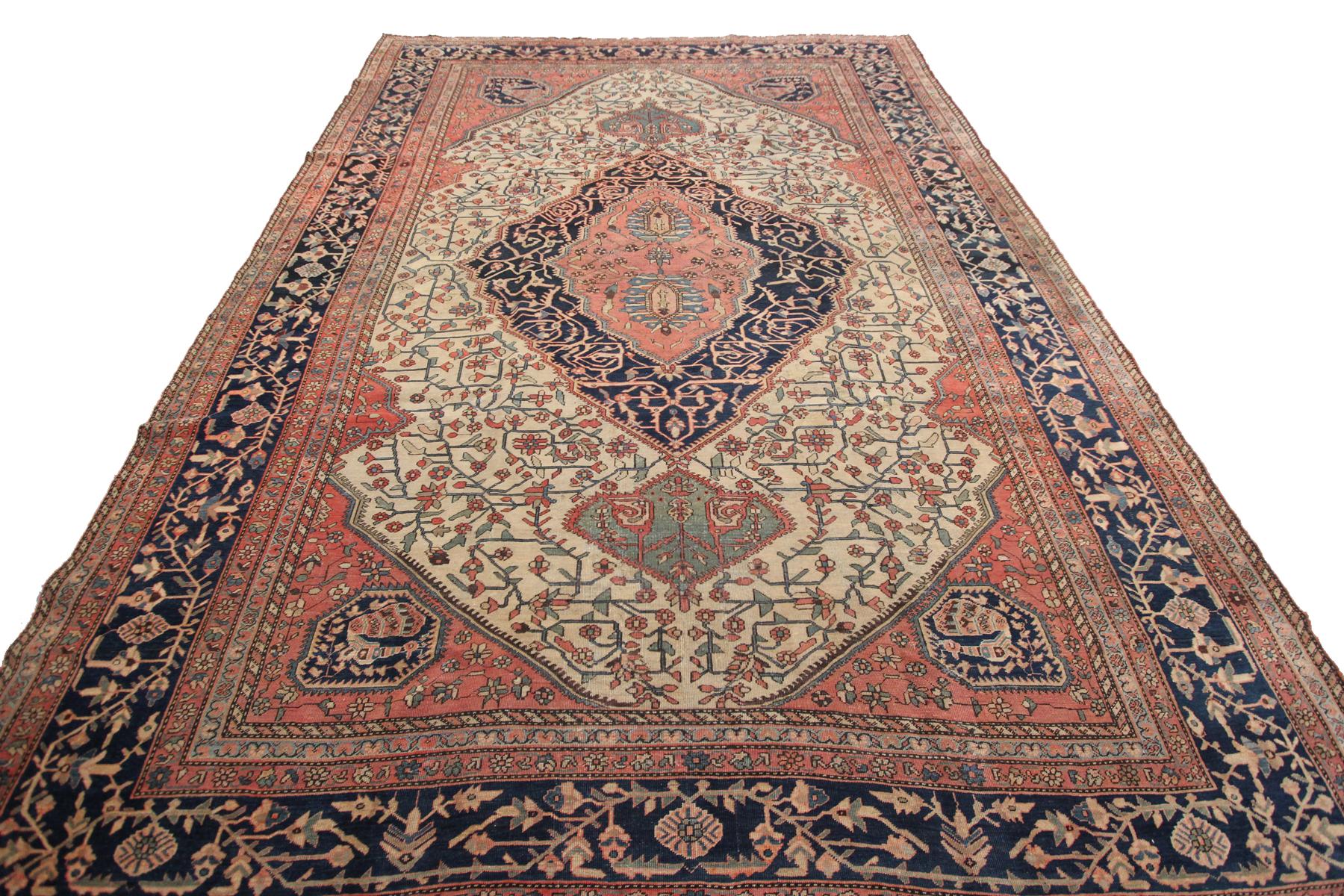 Rare Antique Farahan Persian Rug Peacock Design Carpet Beige 8'9