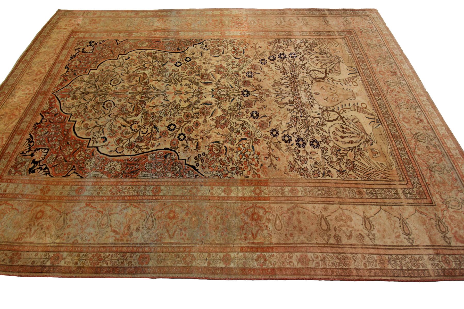 1870 Antique Silk Mohtasham Kashan Persian Mohtasham Rug 100% Silk Lion For Sale 6
