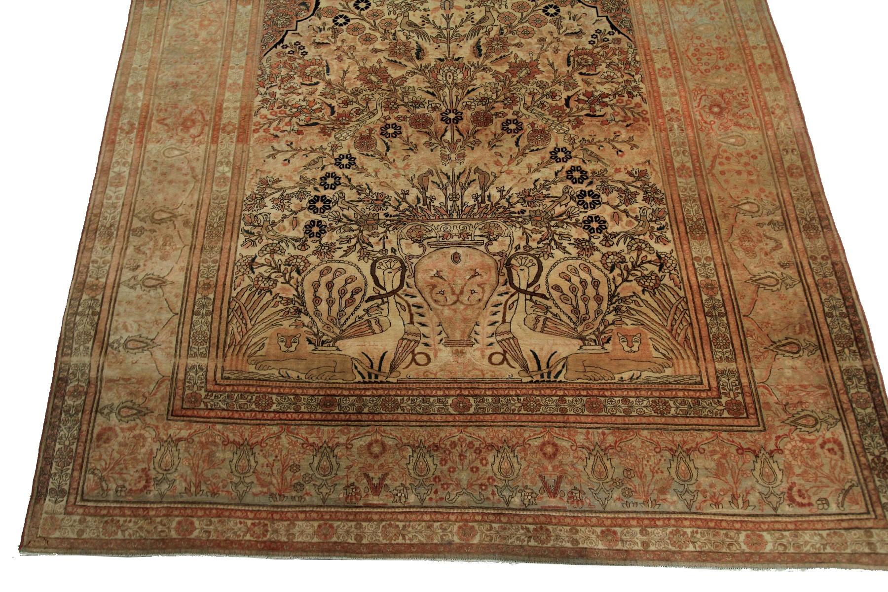 1870 Antique Silk Mohtasham Kashan Persian Mohtasham Rug 100% Silk Lion For Sale 8