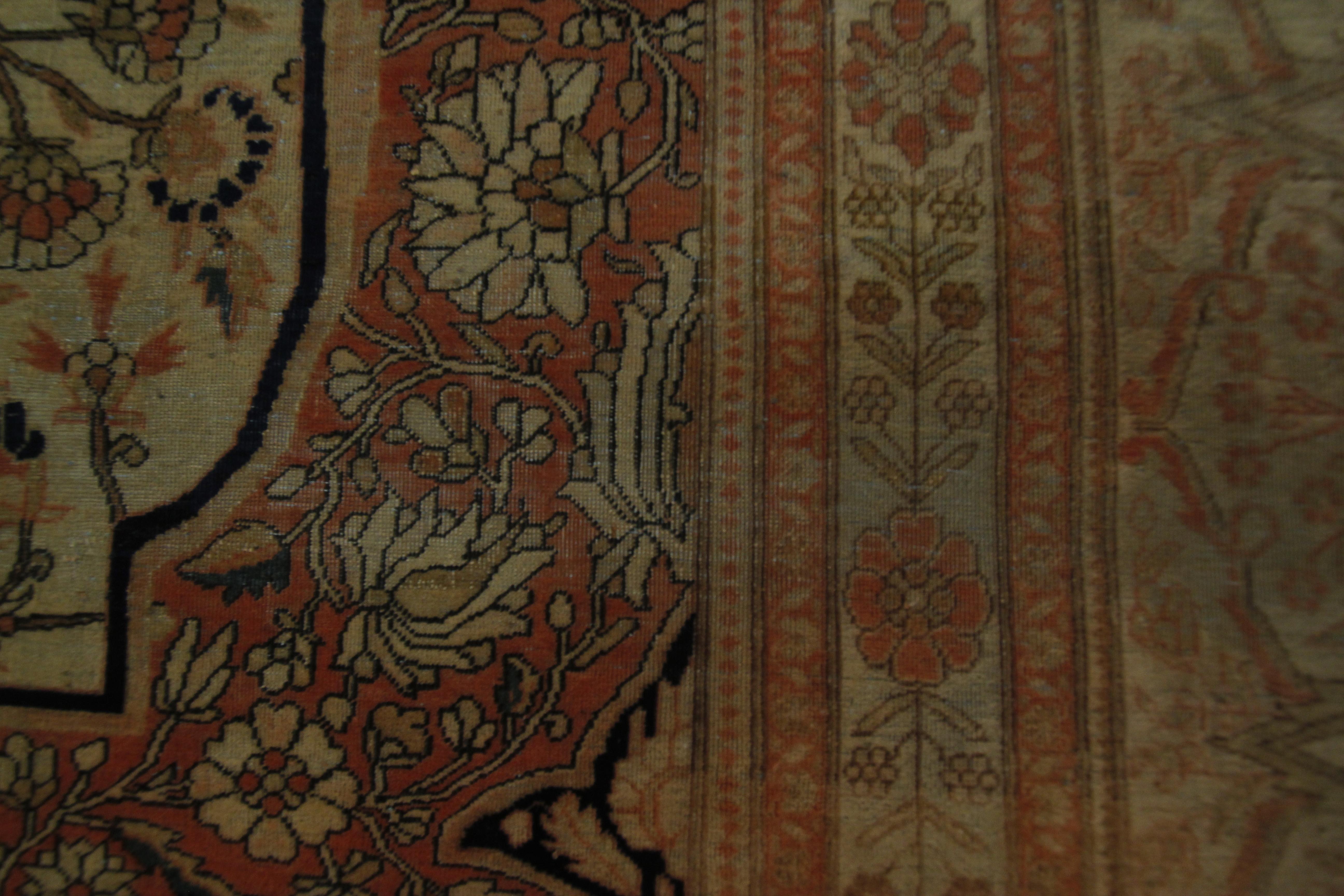 Hand-Knotted 1870 Antique Silk Mohtasham Kashan Persian Mohtasham Rug 100% Silk Lion For Sale