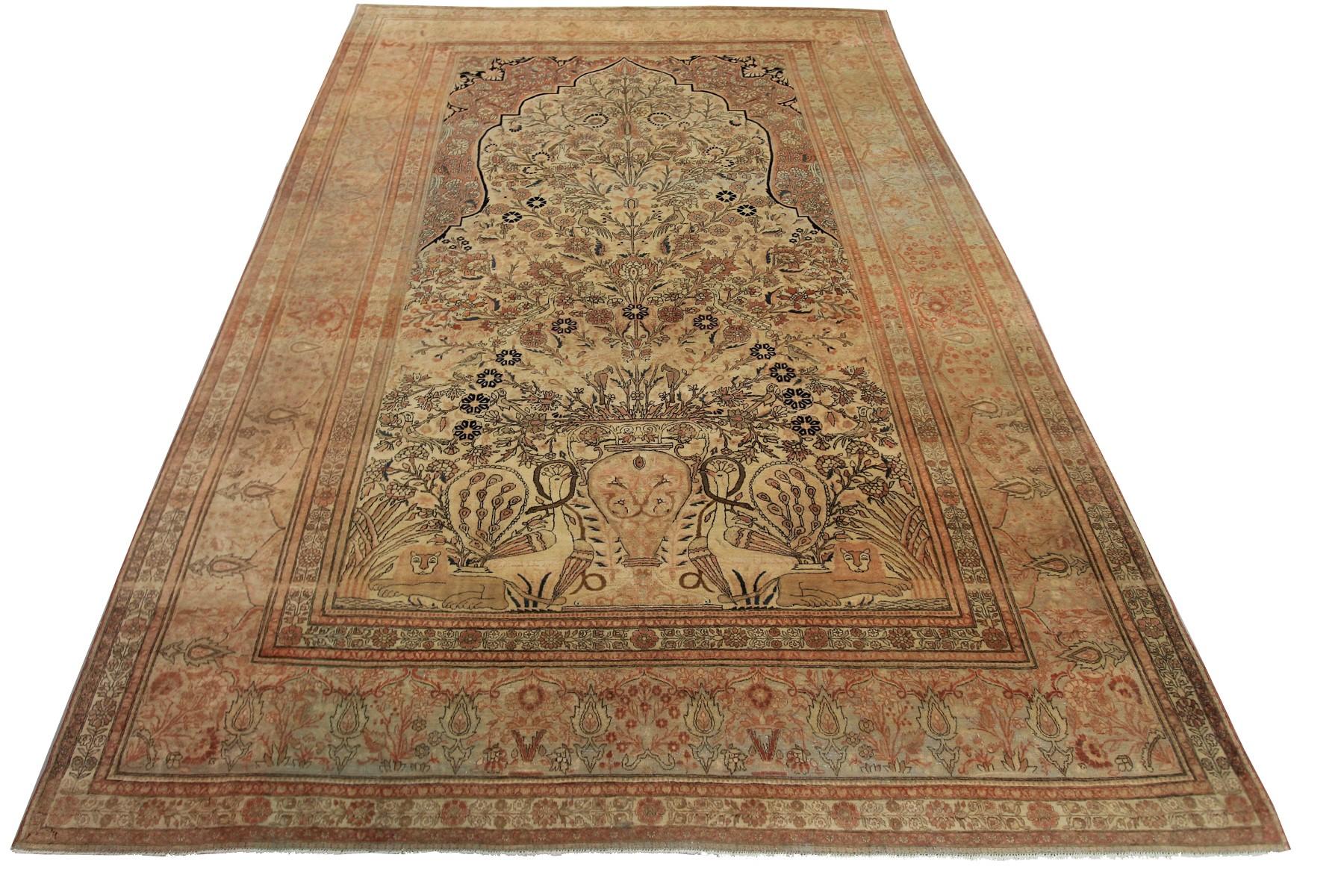 1870 Antiker Seiden Mohtasham Kashan Persischer Mohtasham Teppich 100% Seide Löwe im Zustand „Hervorragend“ im Angebot in New York, NY
