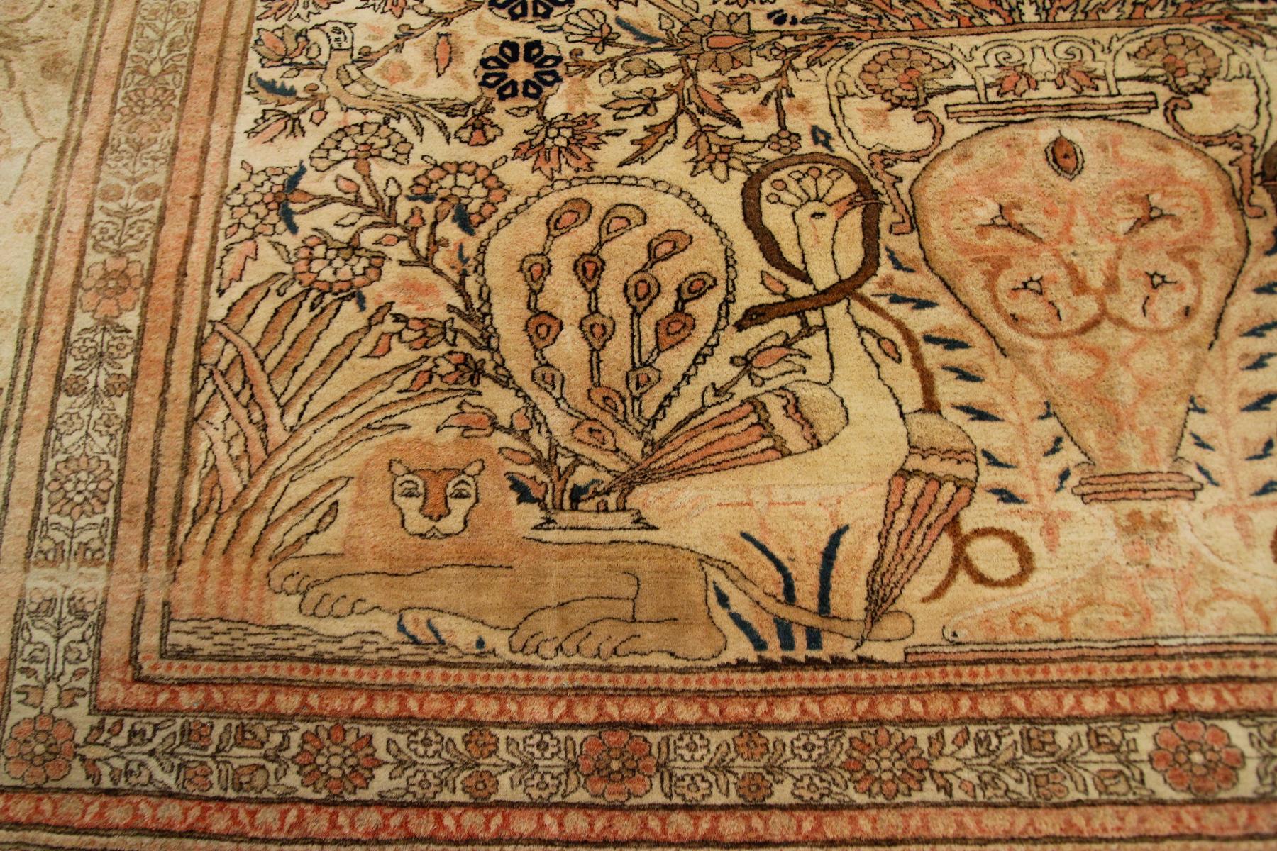 1870 Antiker Seiden Mohtasham Kashan Persischer Mohtasham Teppich 100% Seide Löwe im Angebot 1