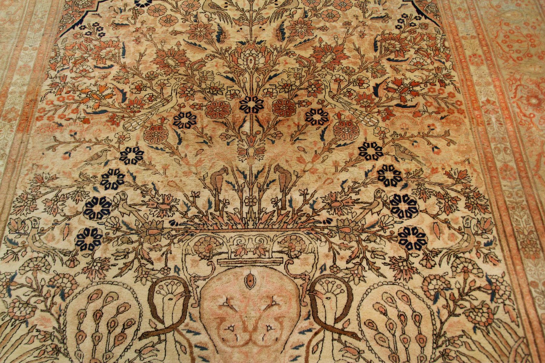 1870 Antique Silk Mohtasham Kashan Persian Mohtasham Rug 100% Silk Lion For Sale 2