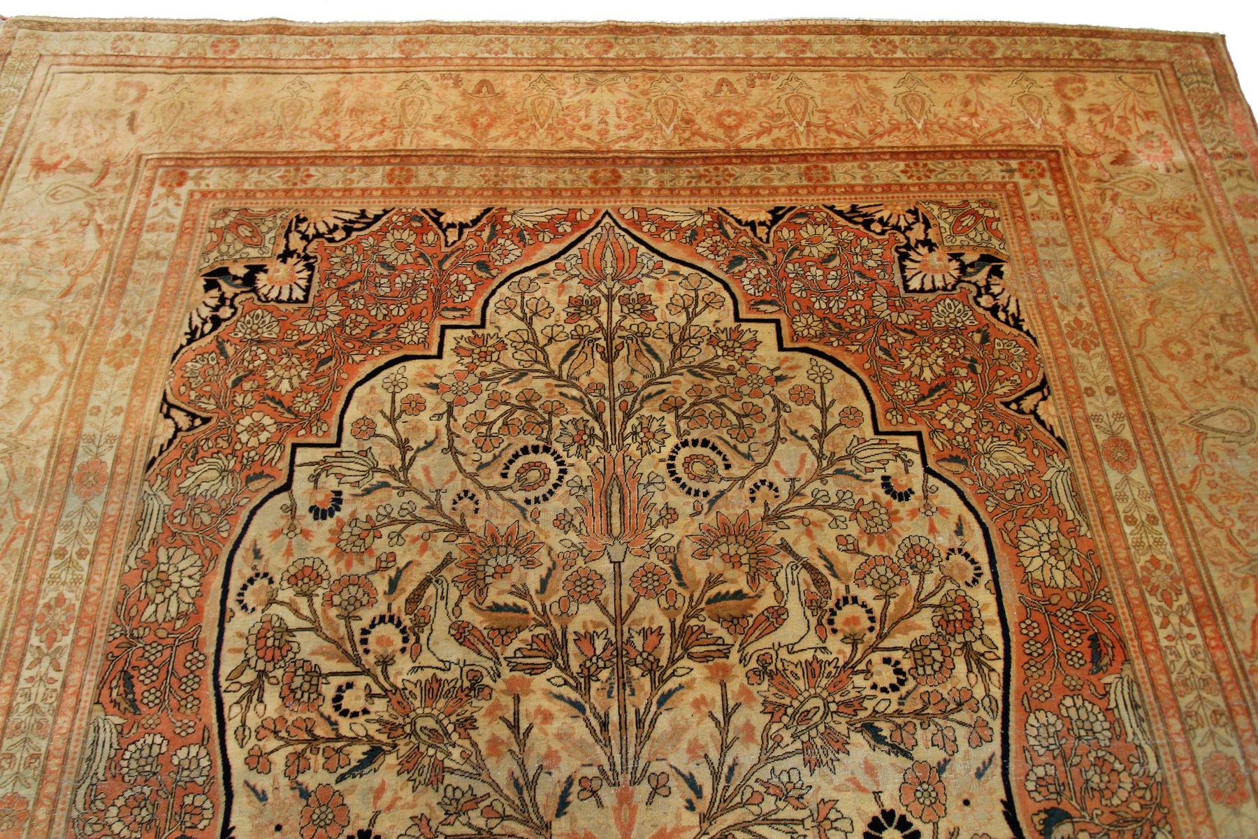 1870 Antique Silk Mohtasham Kashan Persian Mohtasham Rug 100% Silk Lion For Sale 4
