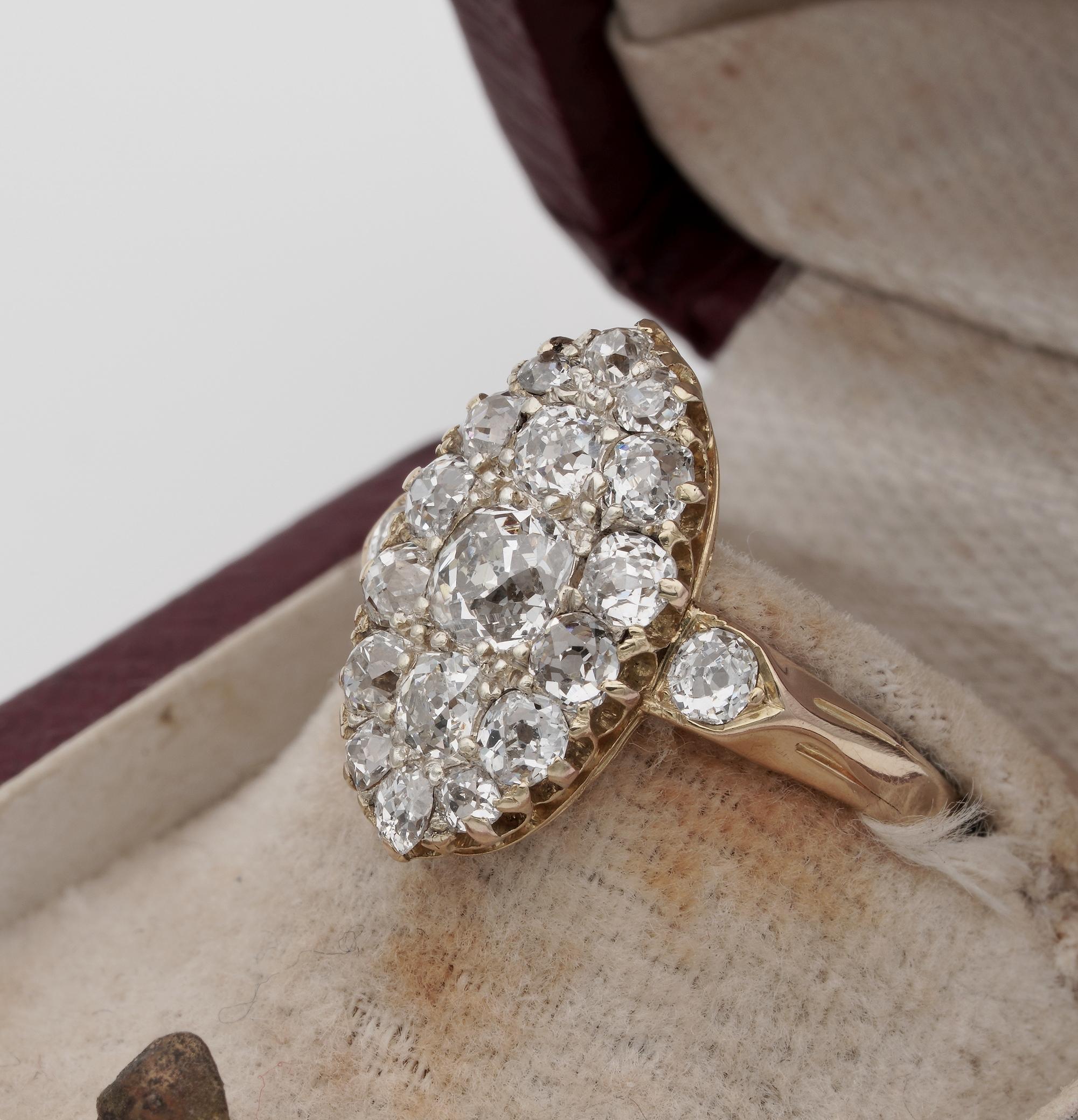 Victorian 2.15 Carat Old Mine Diamond Rare Navette Ring, circa 1870 1