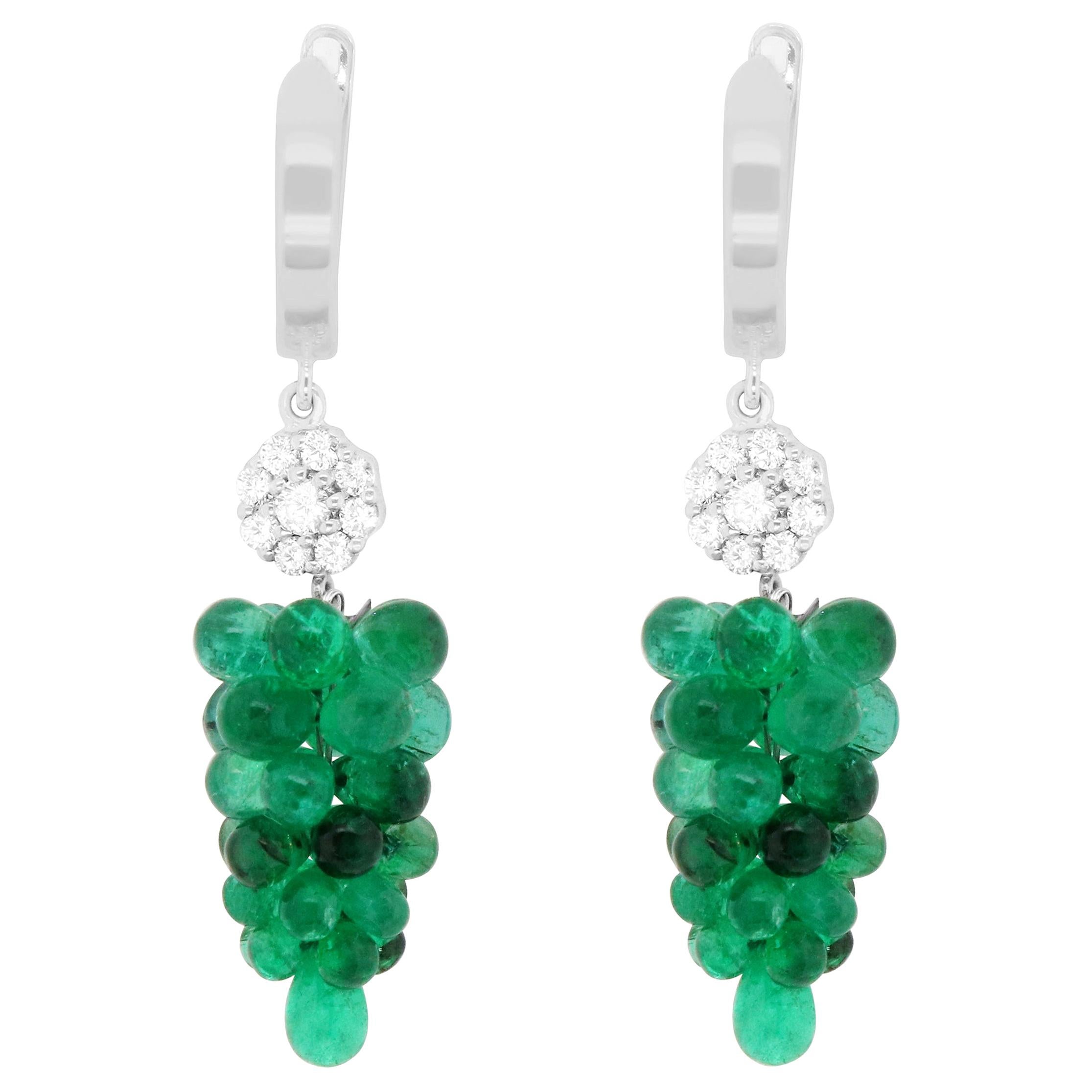 18.70 Carat Briolette Emerald and White Diamond Grape Earrings 14 Karat Gold