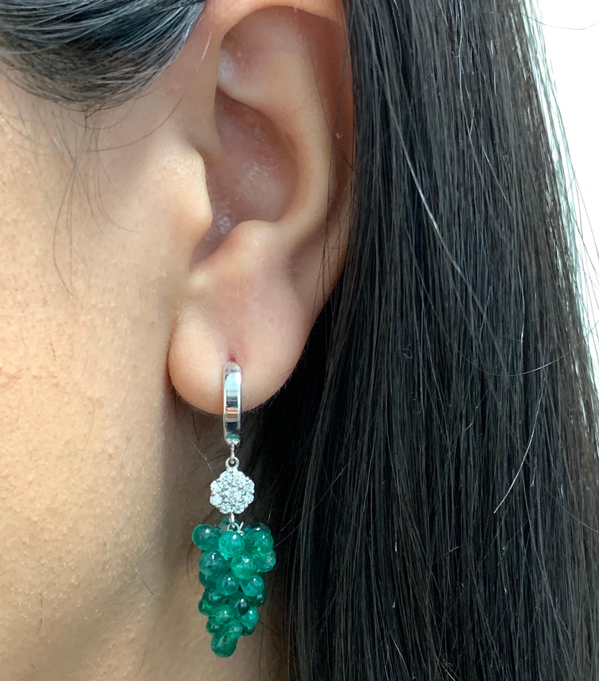Contemporary 18.70 Carat Briolette Emerald and White Diamond Grape Earrings 14 Karat Gold