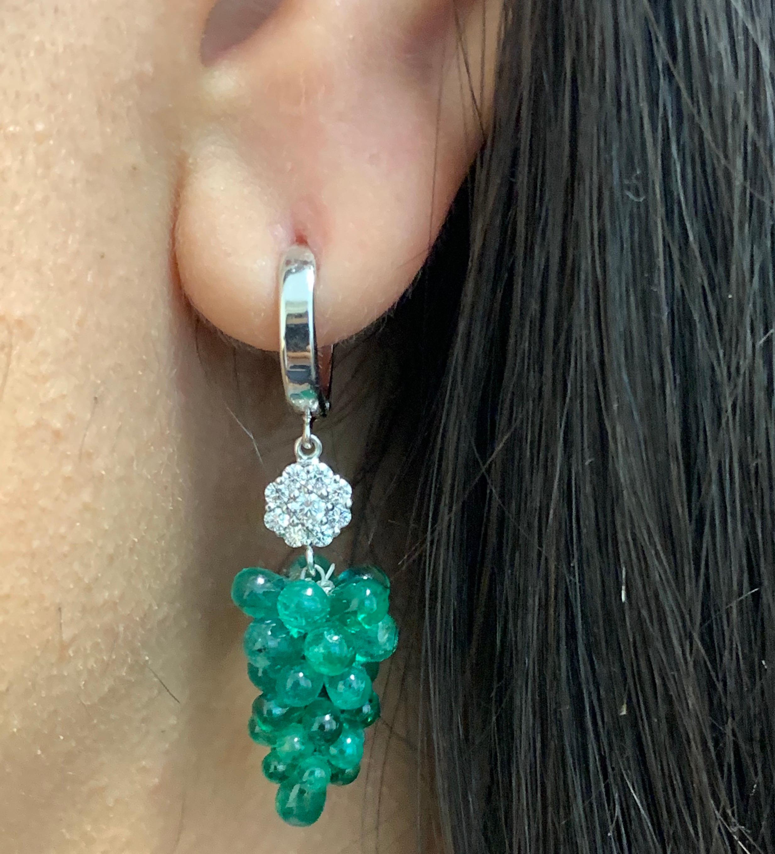 Round Cut 18.70 Carat Briolette Emerald and White Diamond Grape Earrings 14 Karat Gold