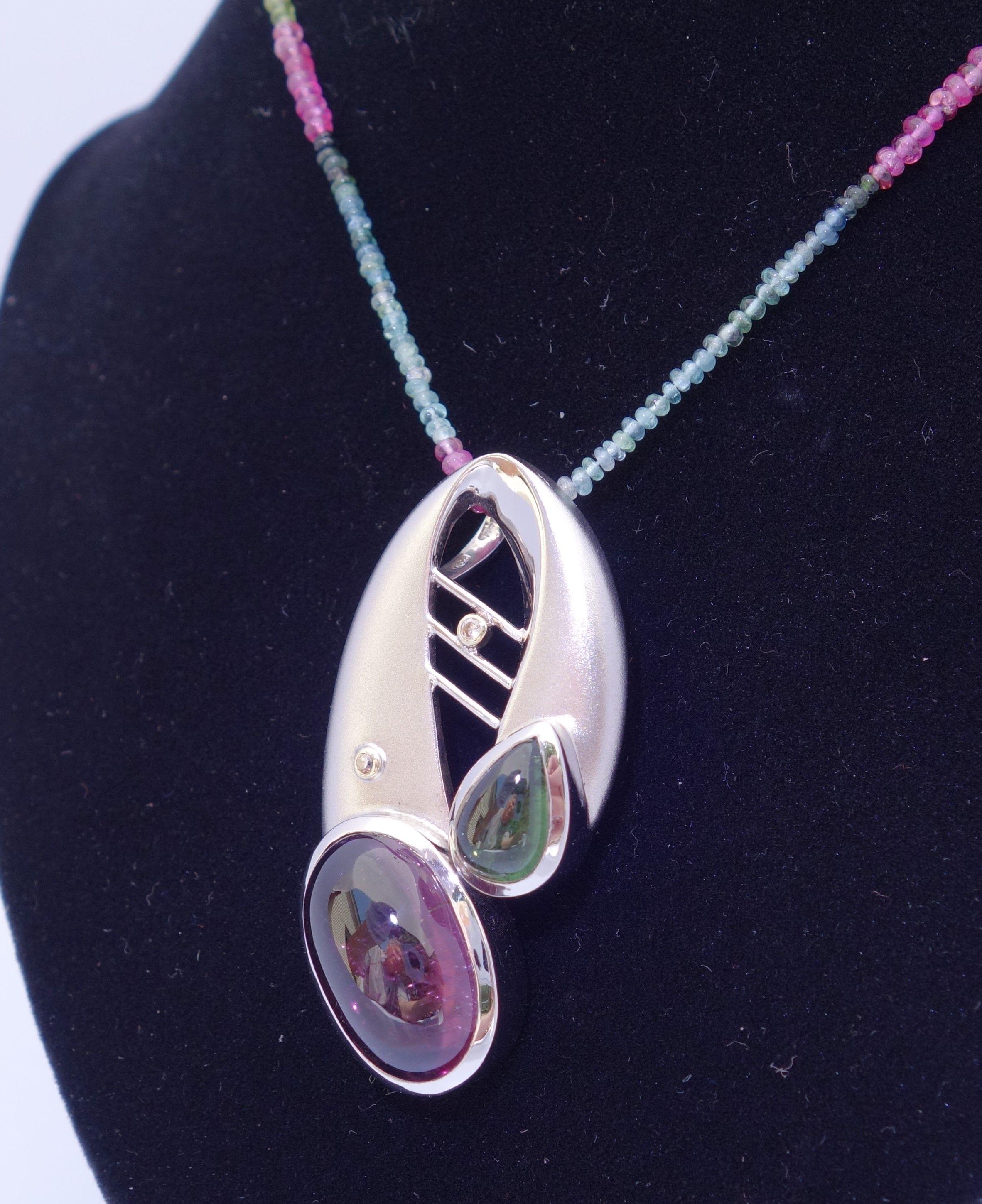 Mixed Cut 18.70 Carat Pink and Green Tourmaline Gold and Sterling Silver Pendant Necklace For Sale