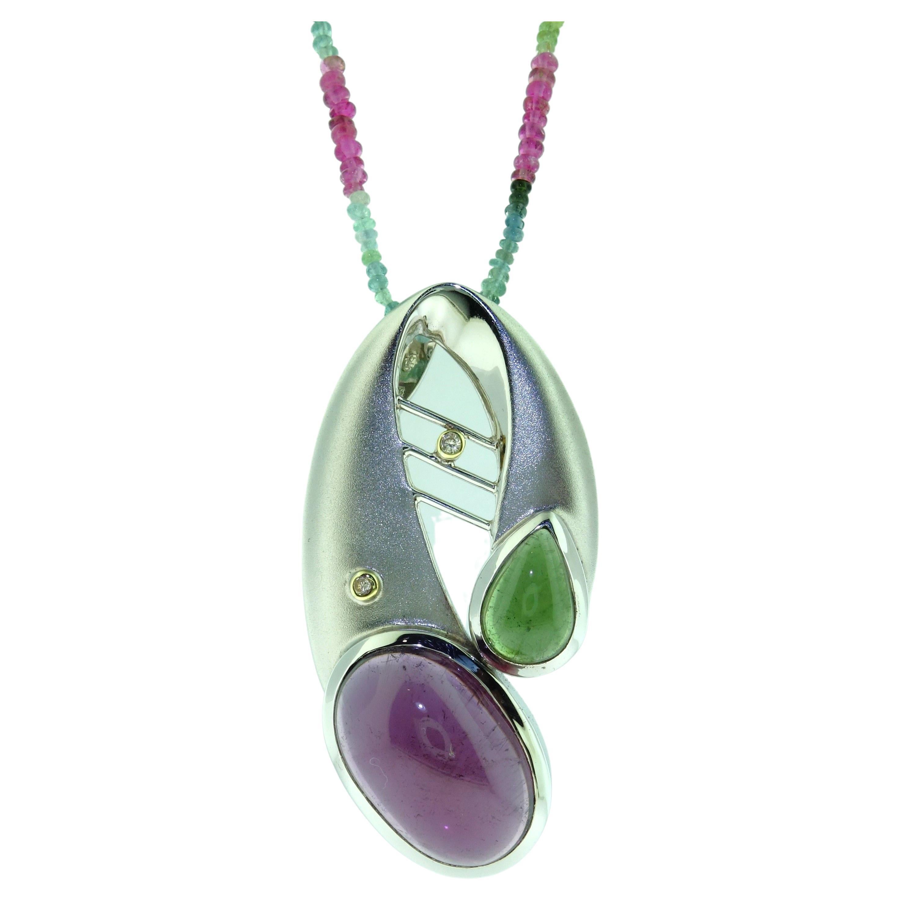 18.70 Carat Pink and Green Tourmaline Gold and Sterling Silver Pendant Necklace For Sale