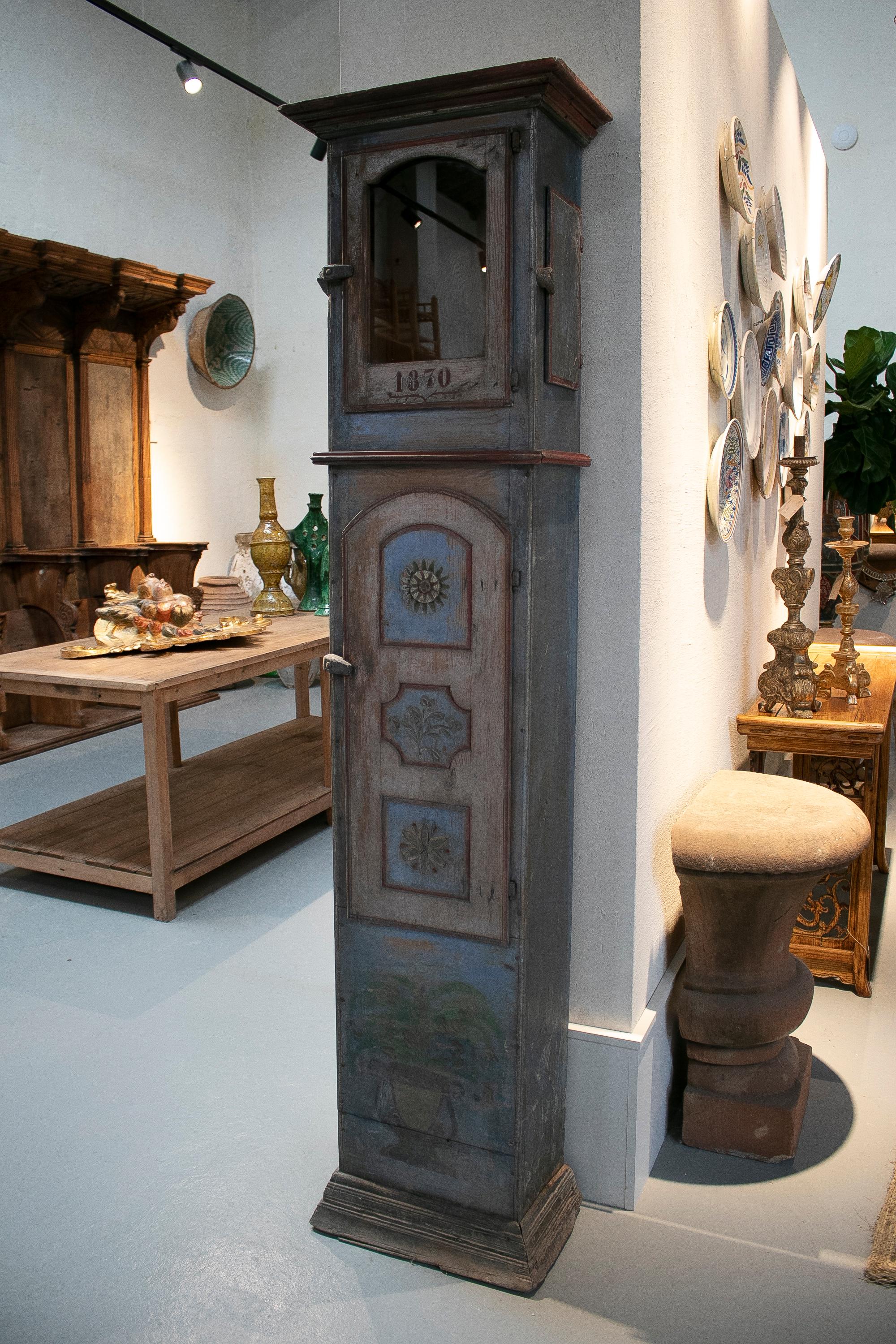 1870 dated Swiss painted standing clock wooden housing.