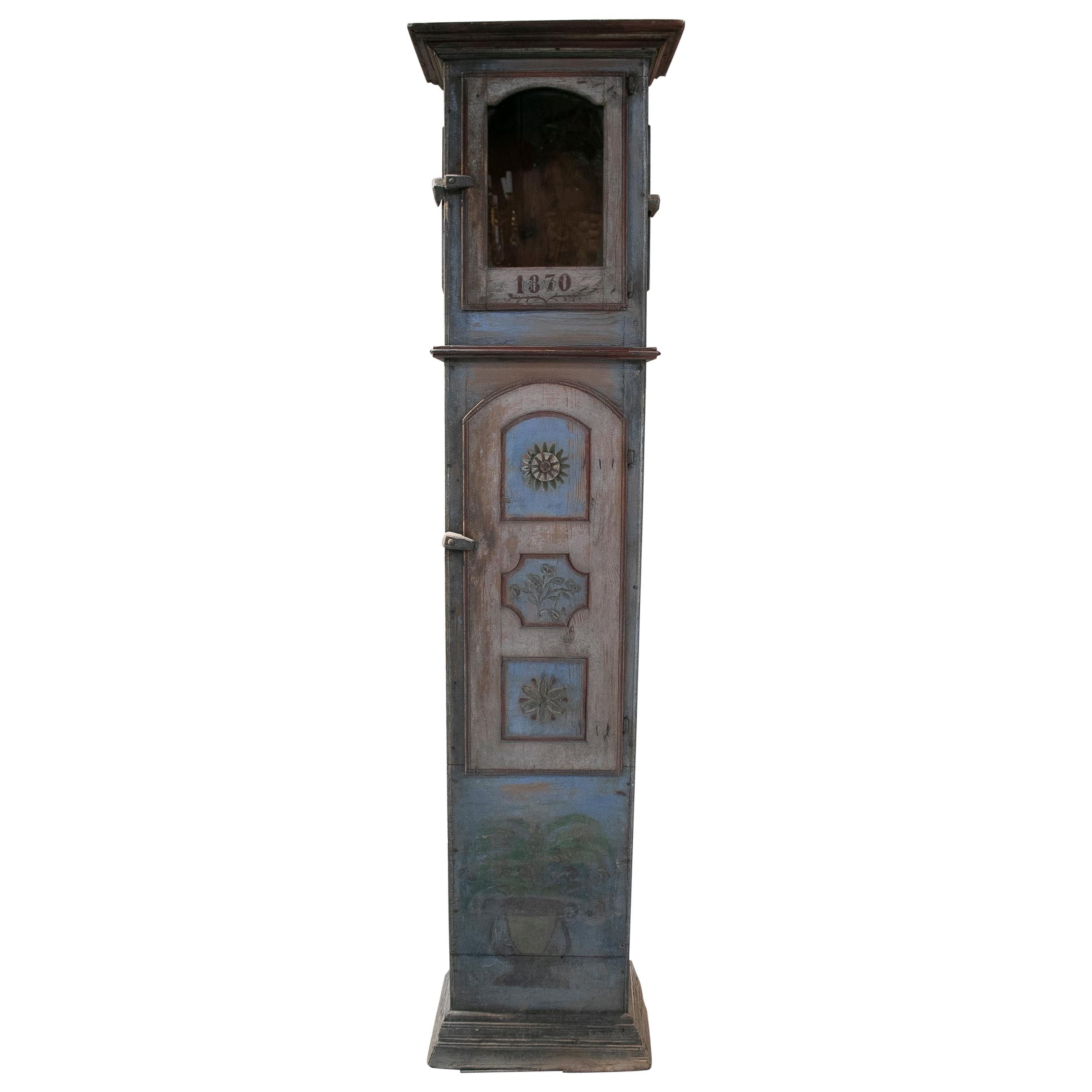 1870 Dated Spanish Swiss Painted Standing Clock Wooden Housing For Sale