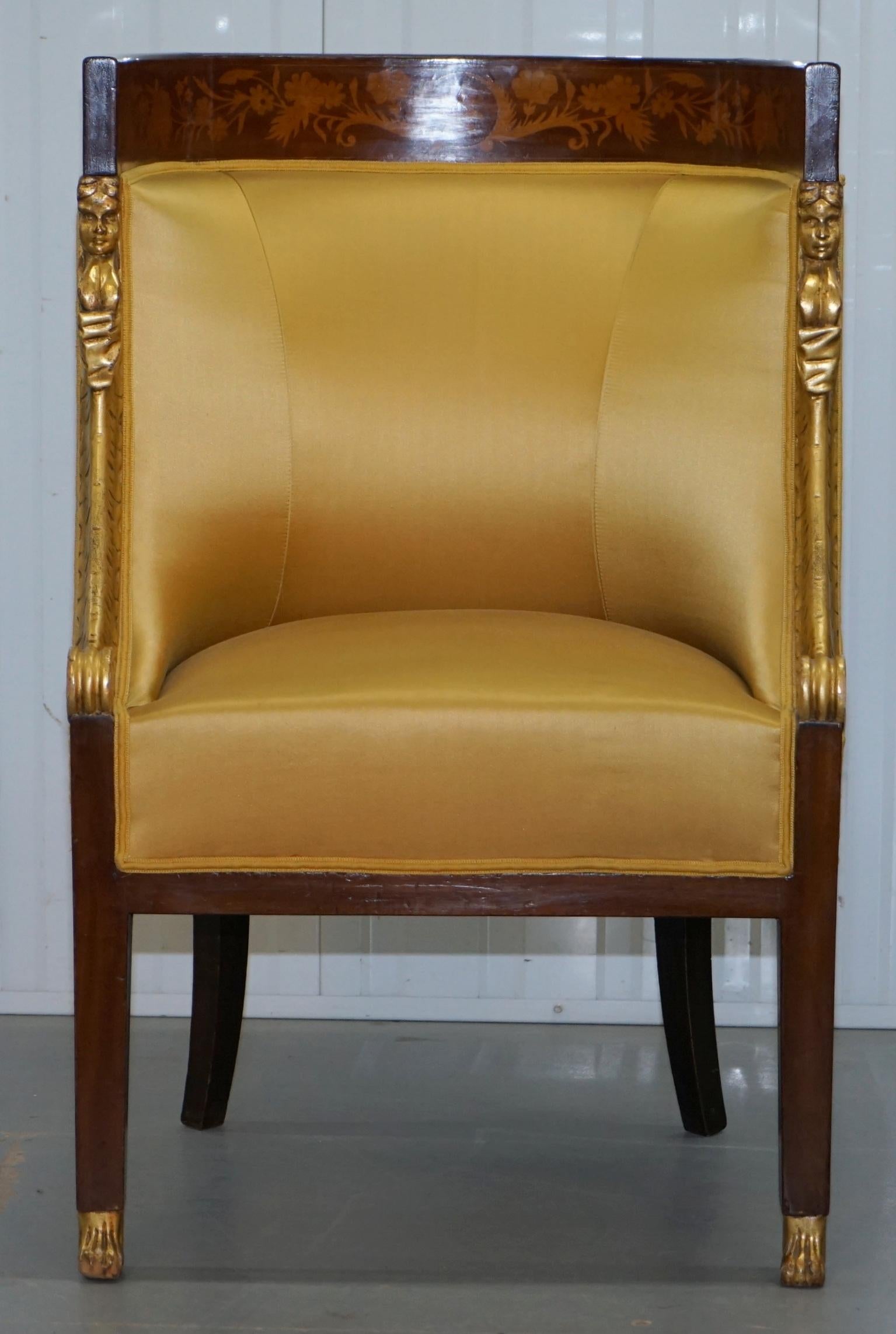 Late 19th Century 1870 French Empire Marquetry Inlaid Suite Berger Armchairs & Settee Canape, Pair For Sale
