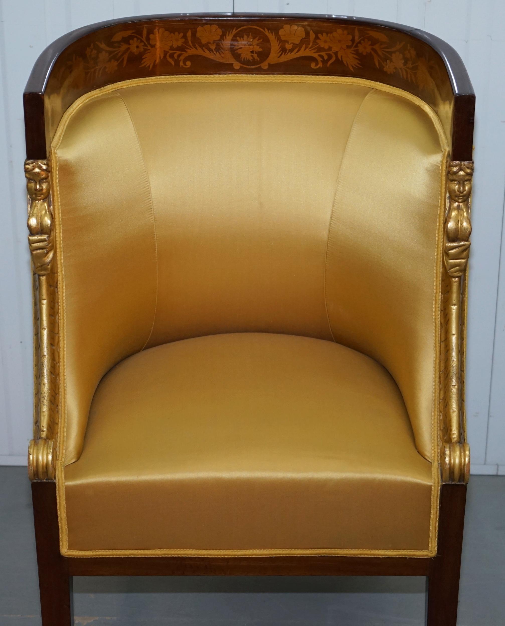 Silk 1870 French Empire Marquetry Inlaid Suite Berger Armchairs & Settee Canape, Pair For Sale