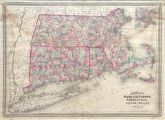 1870 "Johnson's Massachusetts, Connecticut and Rhode Island" Antique Map