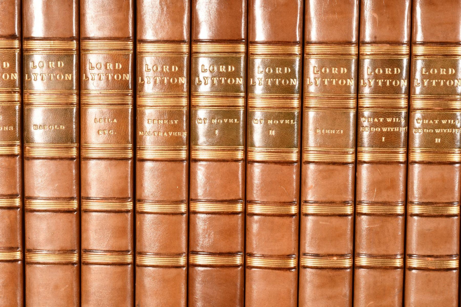 A very pleasing set of thirty-seven volumes in uniform leather bindings of the works of Edward Bulwer-Lytton.

The works of Edward Bulwer-Lytton, a stunning collection in thirty-seven novels handsomely leather-bound in half calf over marbled boards.