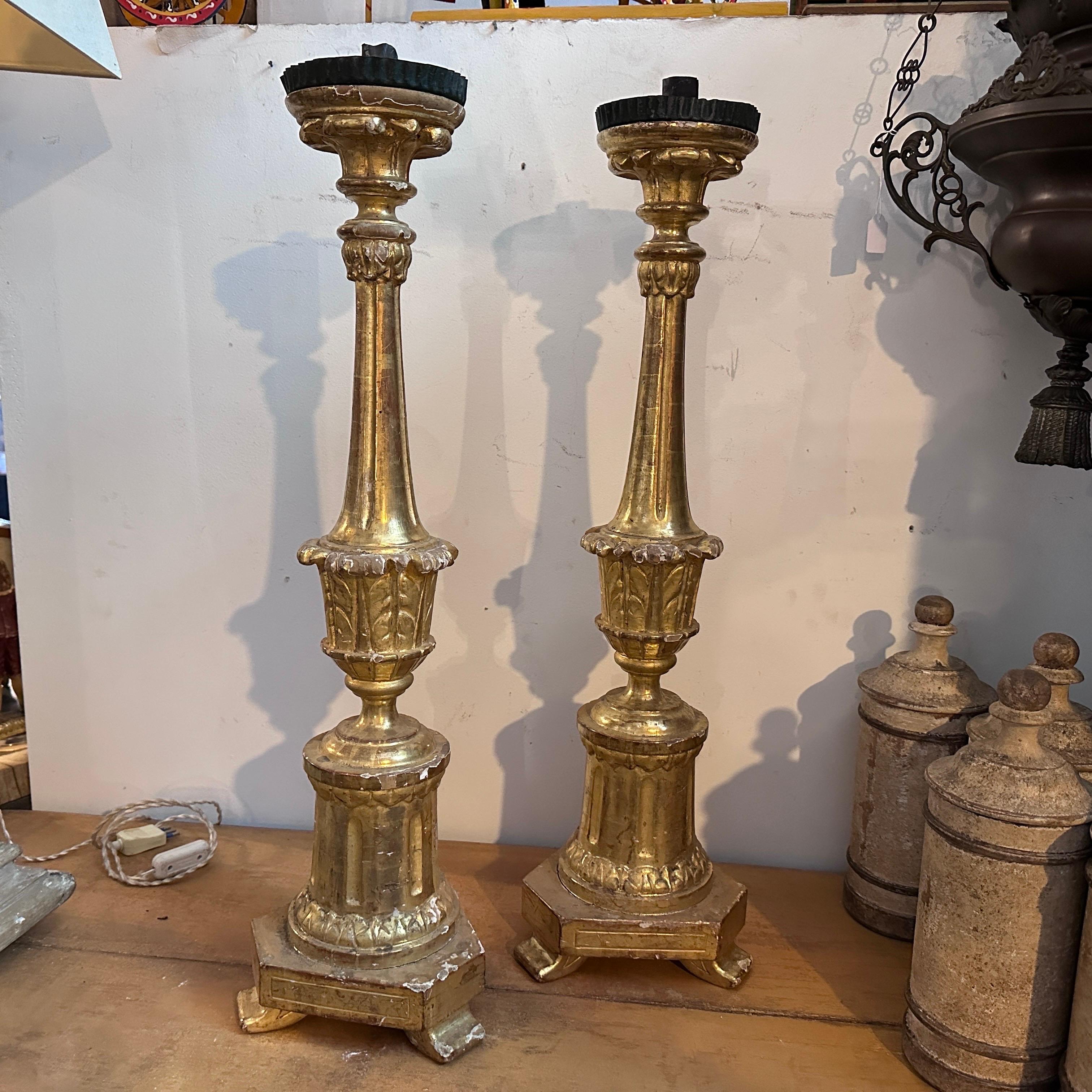 These Sicilian Torcheres combines the opulence of the Napoleon III era with the craftsmanship of Sicilian artisans. The gilt wood is in original good conditions, the backside is not refined as as often happens, they are gilded only on the front,