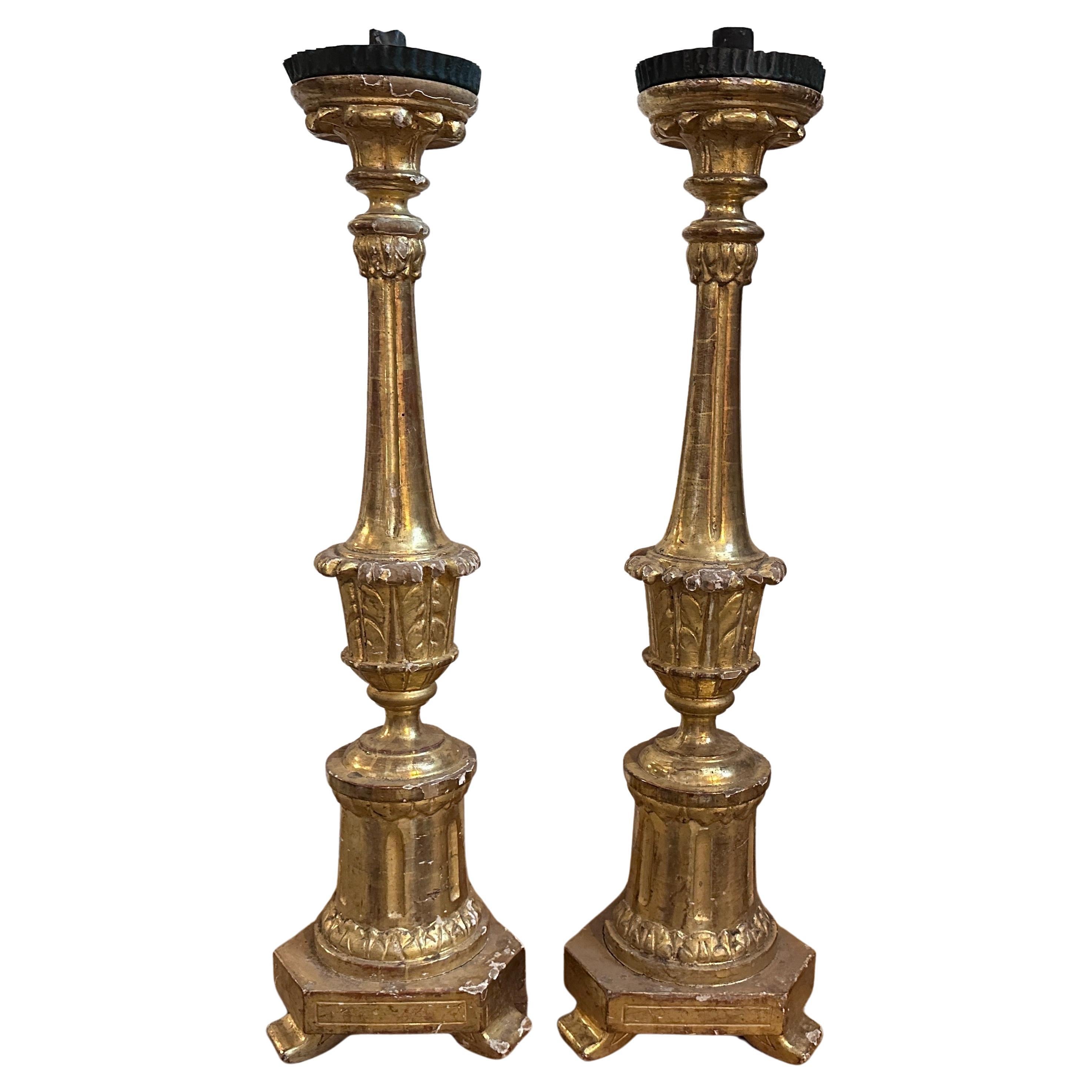 1870 Napoleon III Pair of Hand-Carved Giltwood Sicilian Torcheres