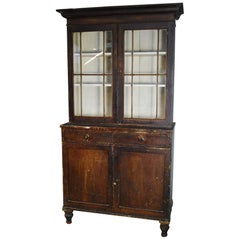 1870 Pine Glass Door Step Back Book Case Country Cupboard