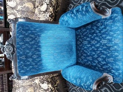 1870 Royal Blue Velvet Chair Antique Ornate Carved