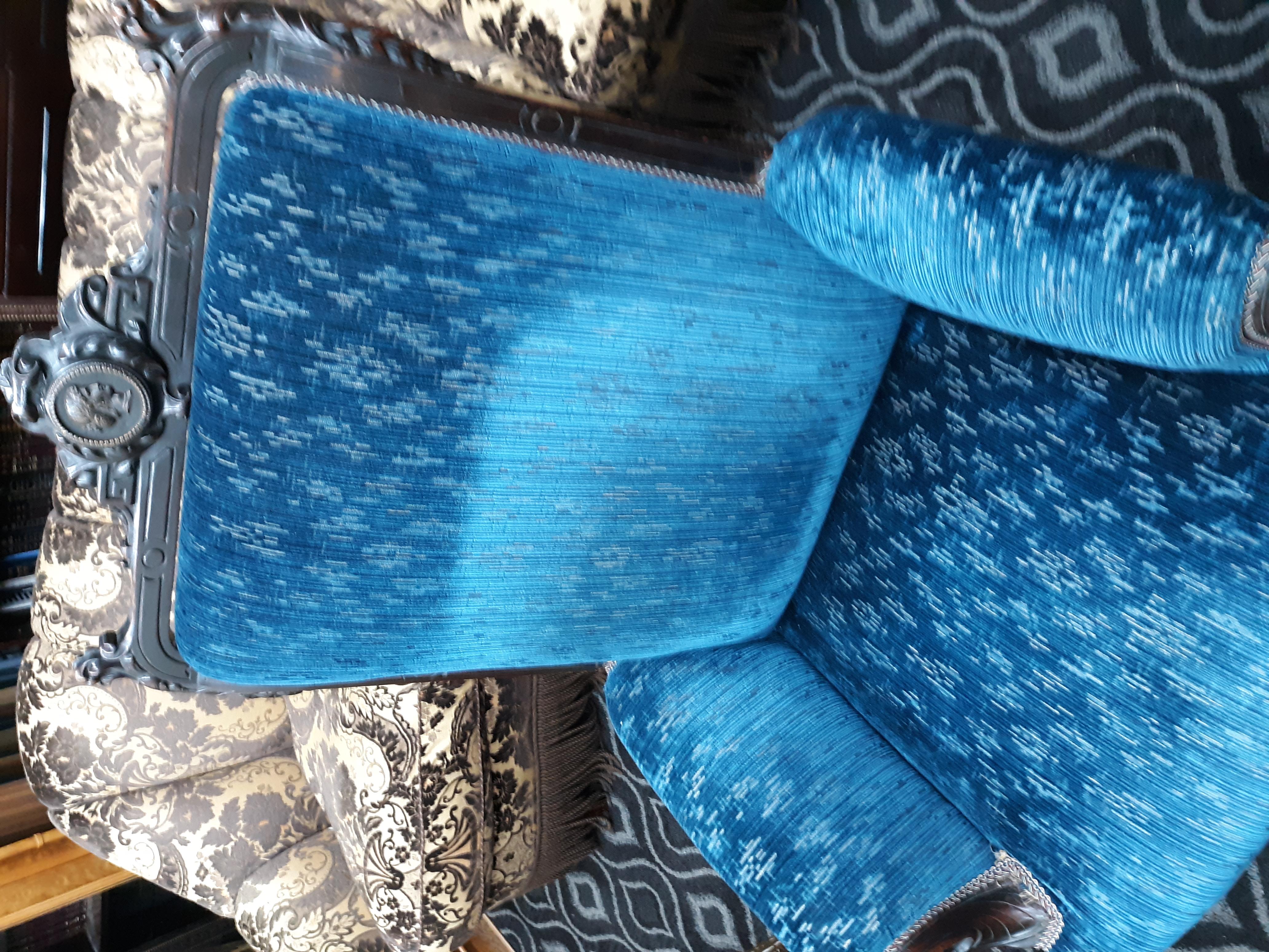 Aesthetic Movement 1870 Royal Blue Velvet Chair Antique Ornate Carved For Sale