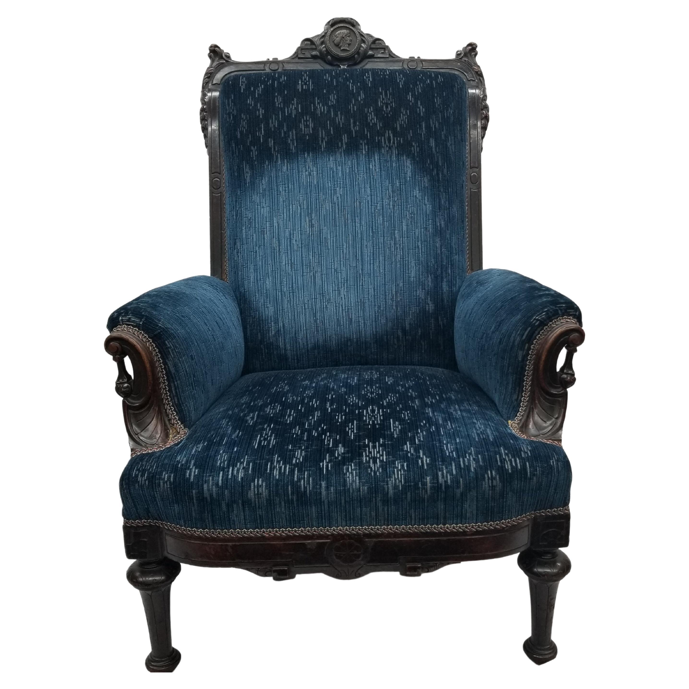 1870 Royal Blue Velvet Chair Antique Ornate Carved For Sale