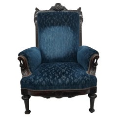 1870 Royal Blue Velvet Chair Antique Ornate Carved