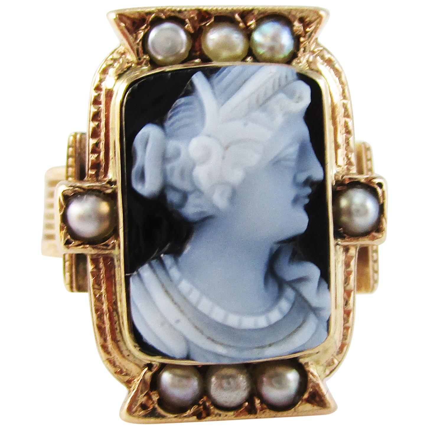1870 Victorian 14 Karat Rose Gold Agate Cameo Band Ring with Pearl Border