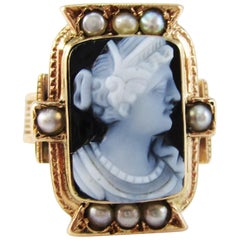 1870 Victorian 14 Karat Rose Gold Agate Cameo Band Ring with Pearl Border
