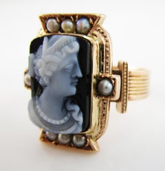 1870 Victorian 14 Karat Rose Gold Agate Cameo Band Ring with Pearl Border
