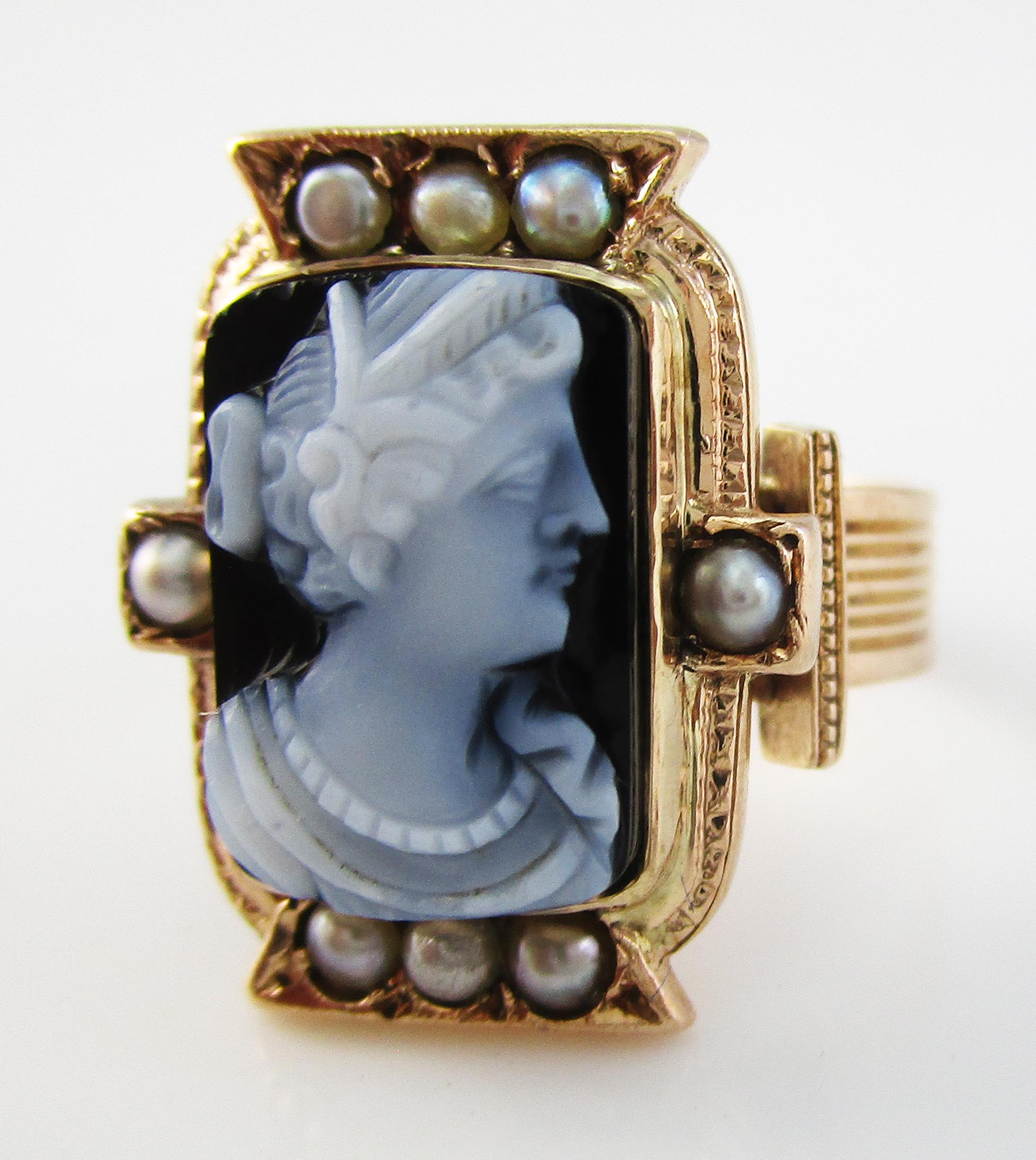 Etruscan Revival 1870 Victorian 14 Karat Rose Gold Agate Cameo Band Ring with Pearl Border