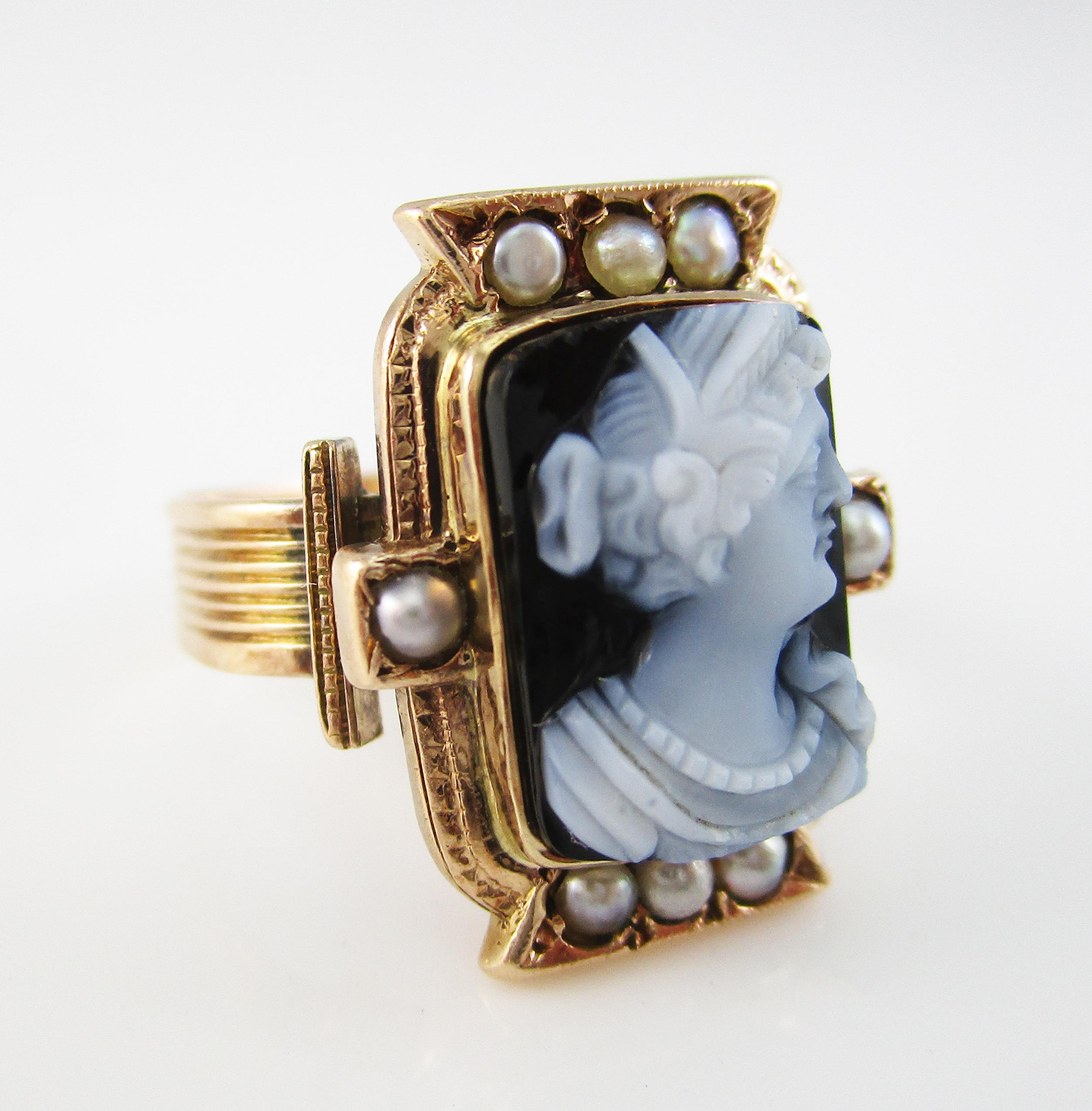 Round Cut 1870 Victorian 14 Karat Rose Gold Agate Cameo Band Ring with Pearl Border