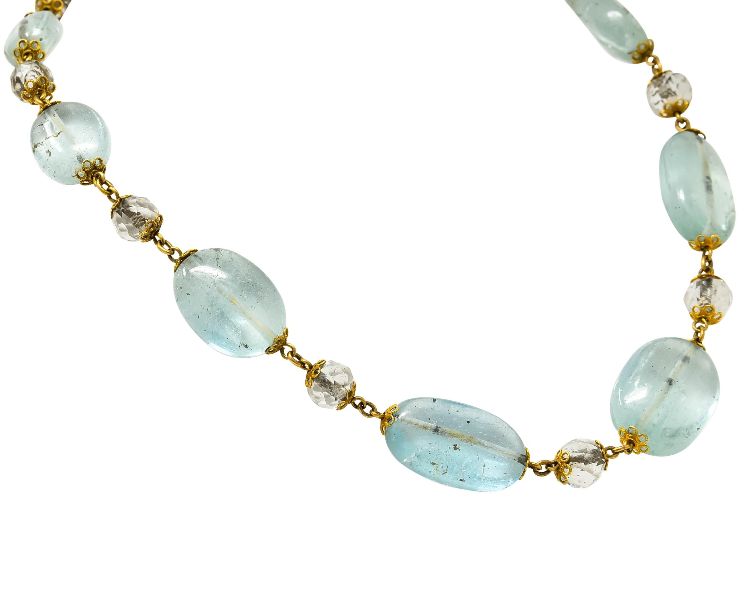 Necklace comprised of round faceted rock crystal beads measuring approximately 7.5 to 8.1 mm

Alternating with oval cabochon aquamarine beads that graduate in size, semi-transparent with natural inclusions and a very light greenish-blue in
