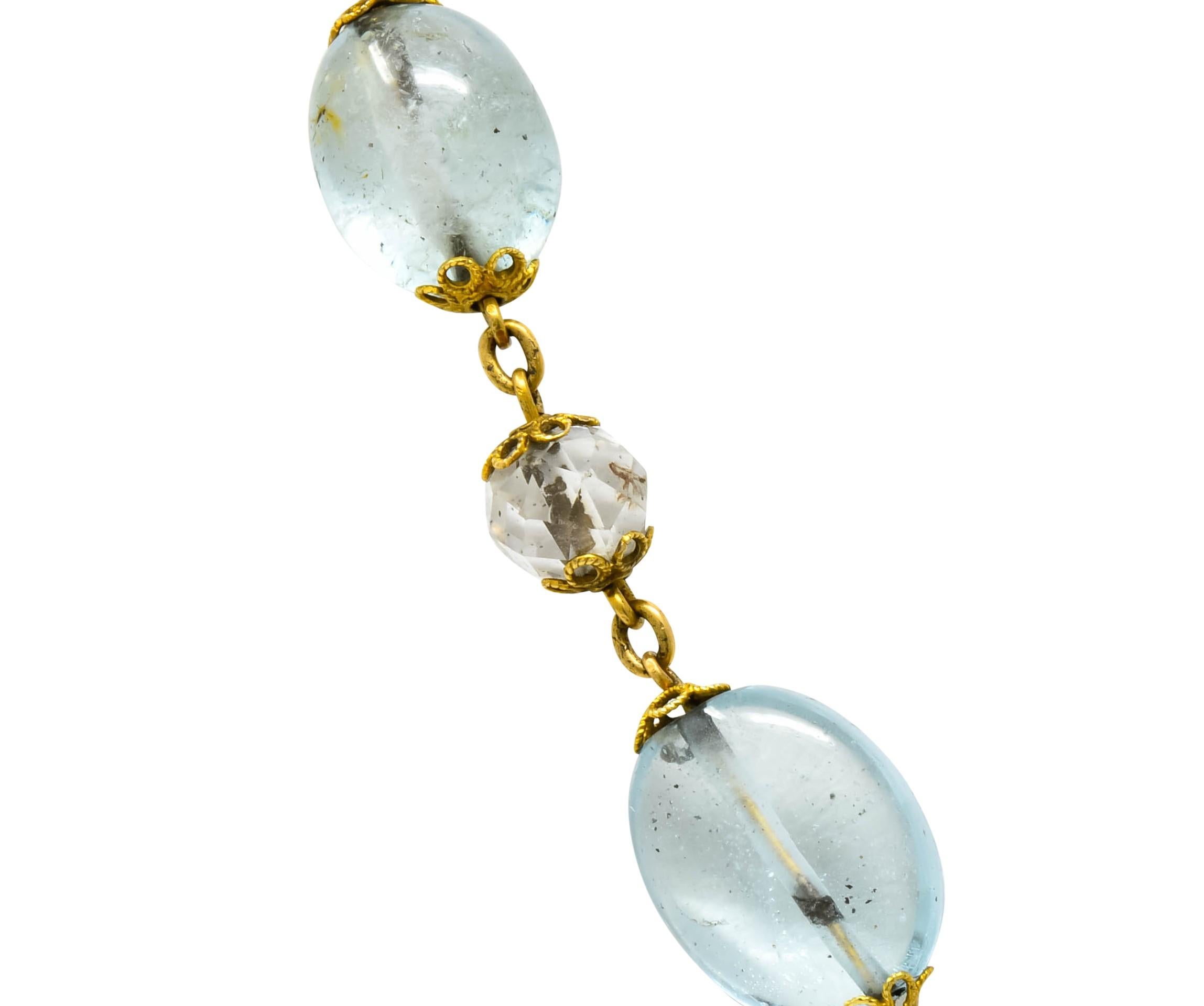 1870 Victorian Aquamarine Rock Crystal 14 Karat Gold Beaded Necklace In Excellent Condition In Philadelphia, PA
