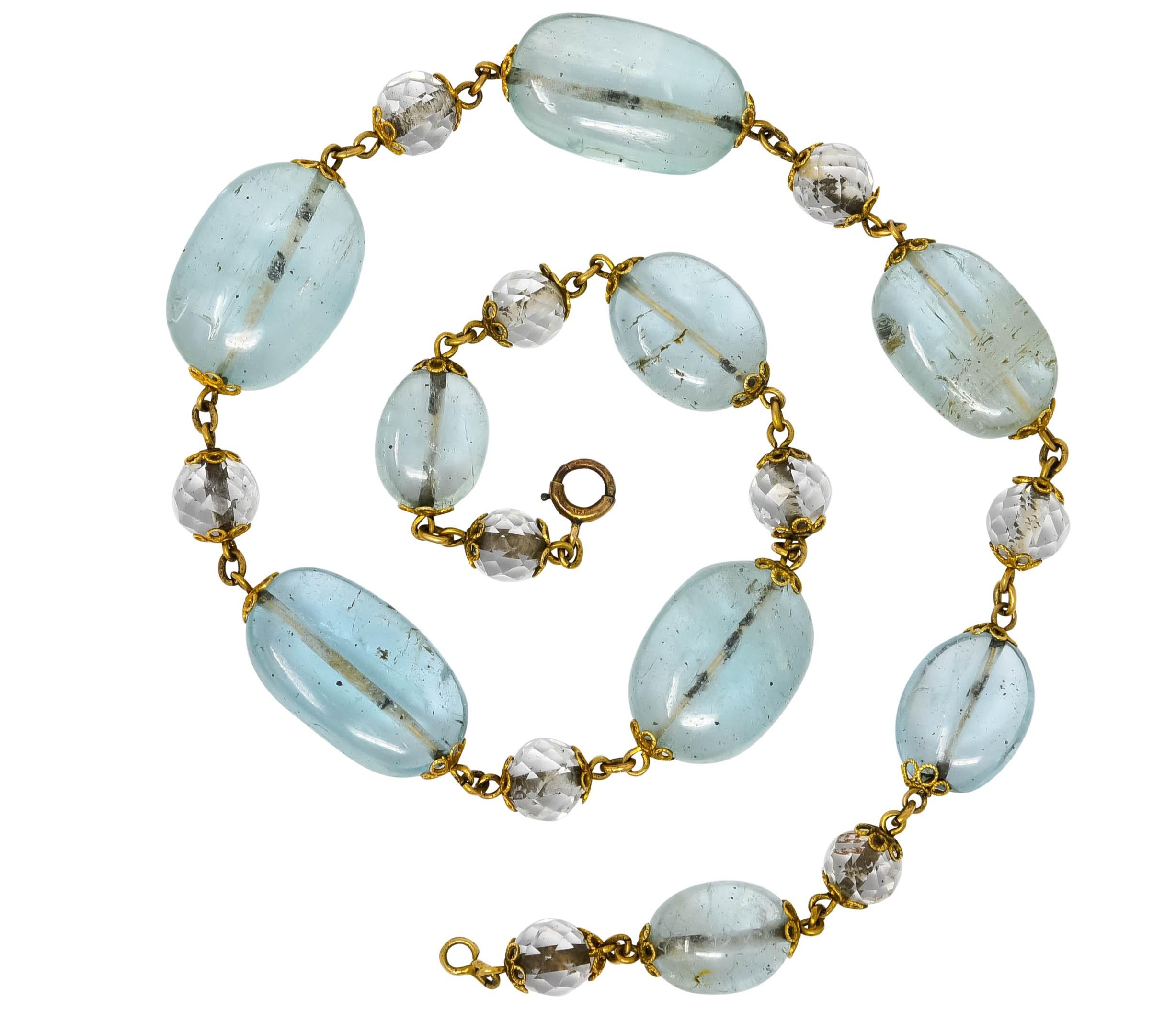 Women's or Men's 1870 Victorian Aquamarine Rock Crystal 14 Karat Gold Beaded Necklace