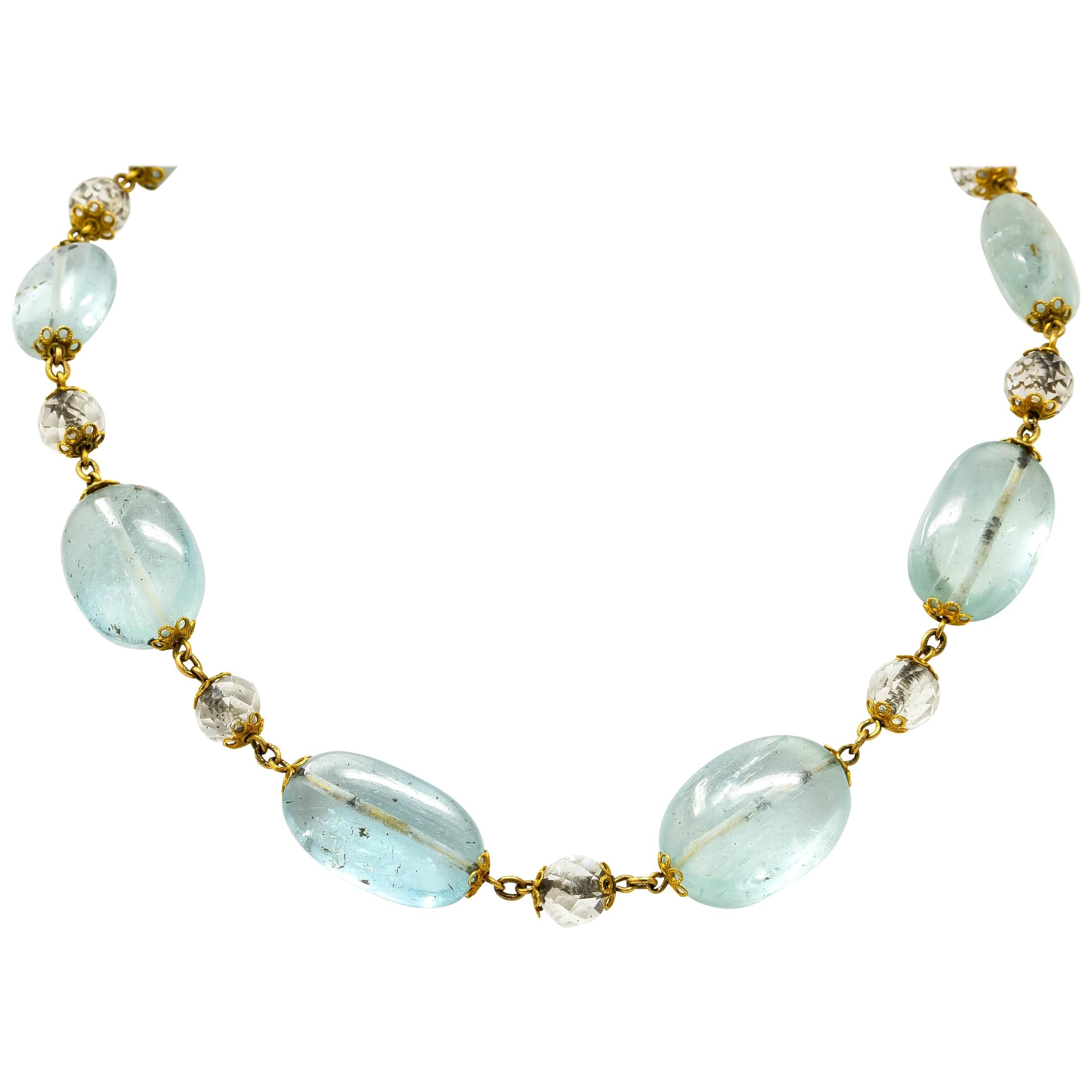 1870 Victorian Aquamarine Rock Crystal 14 Karat Gold Beaded Necklace